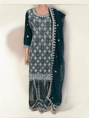 Teal green traditional designer Salwar Kameez suit by Saree Ghor Charlotte, ethnic wear for women with intricate embroidery.