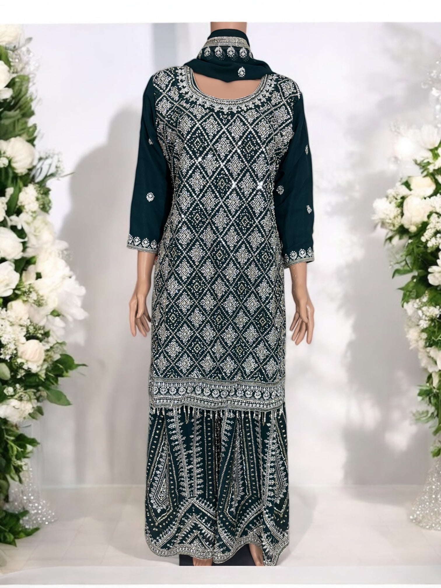 Teal green traditional designer Salwar Kameez suit for women by Saree Ghor Charlotte, featuring intricate ethnic embroidery.