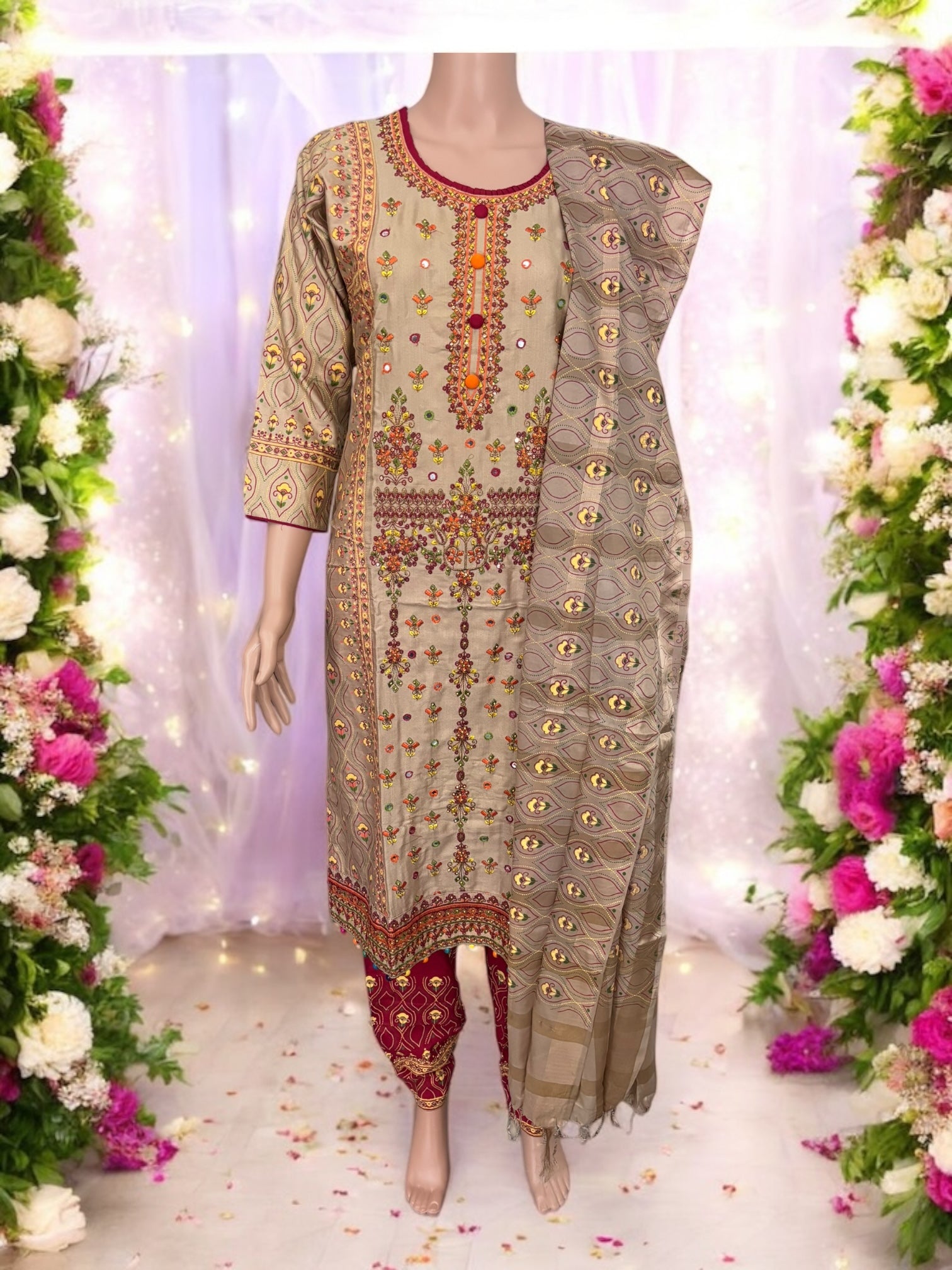 Traditional cotton designer Salwar Kameez suit by Saree Ghor Charlotte, featuring vibrant ethnic wear for women.