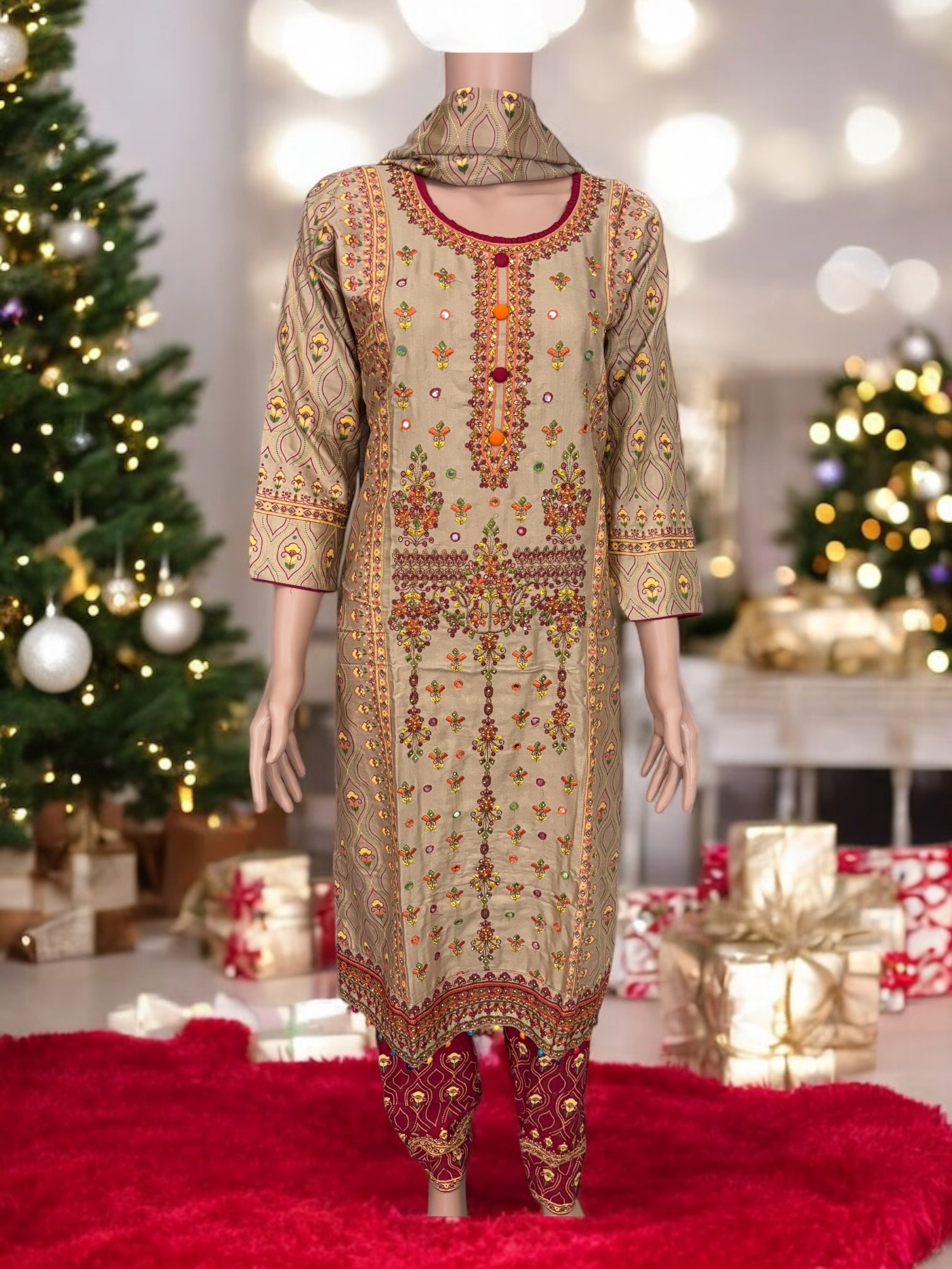 Traditional cotton designer Salwar Kameez suit by Saree Ghor Charlotte, featuring intricate ethnic embroidery for women.
