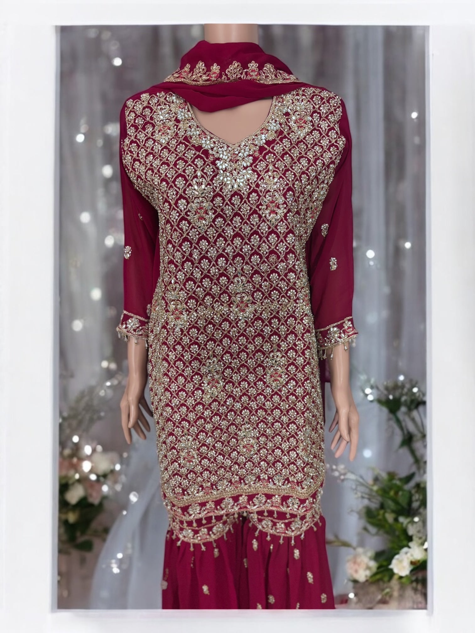 Traditional Designer Garara Salwar Kameez Suit by Saree Ghor Charlotte, showcasing intricate ethnic embroidery and vibrant fabric.