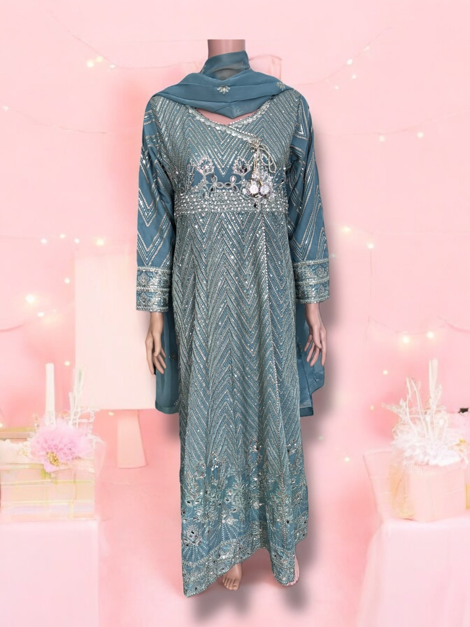 Traditional designer Salwar Kameez gown set with matching pant and dupatta by Saree Ghor Charlotte, elegant ethnic wear for women.