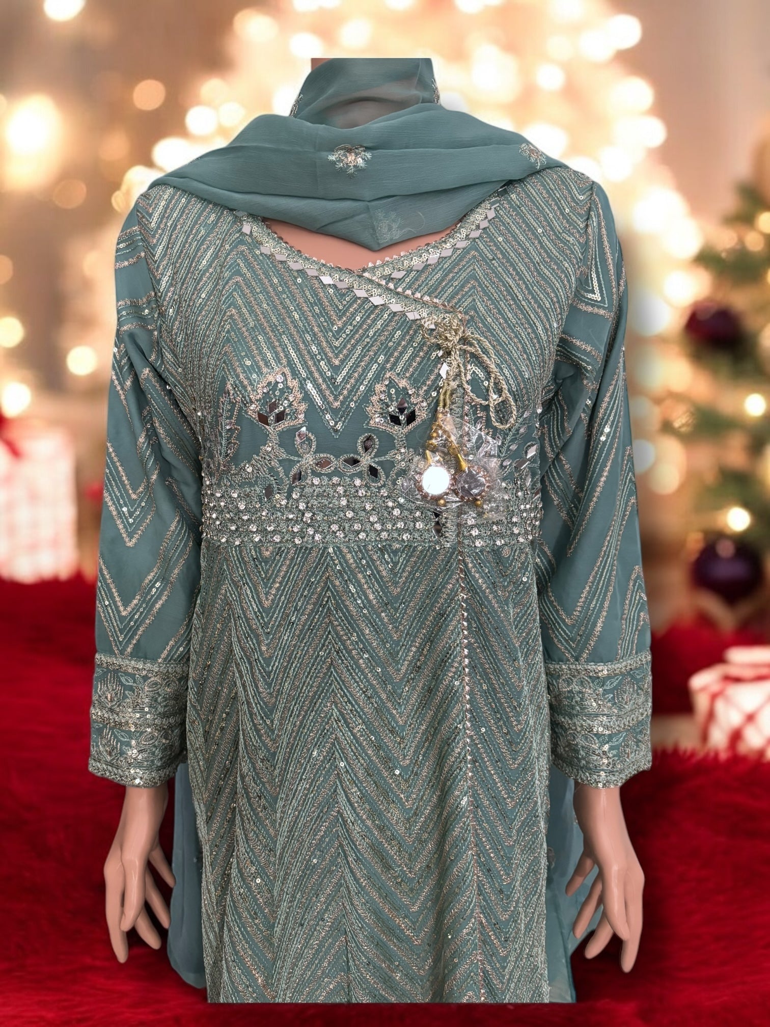 Traditional designer Gown set with pants and dupatta by Saree Ghor Charlotte, elegant ethnic wear for women.