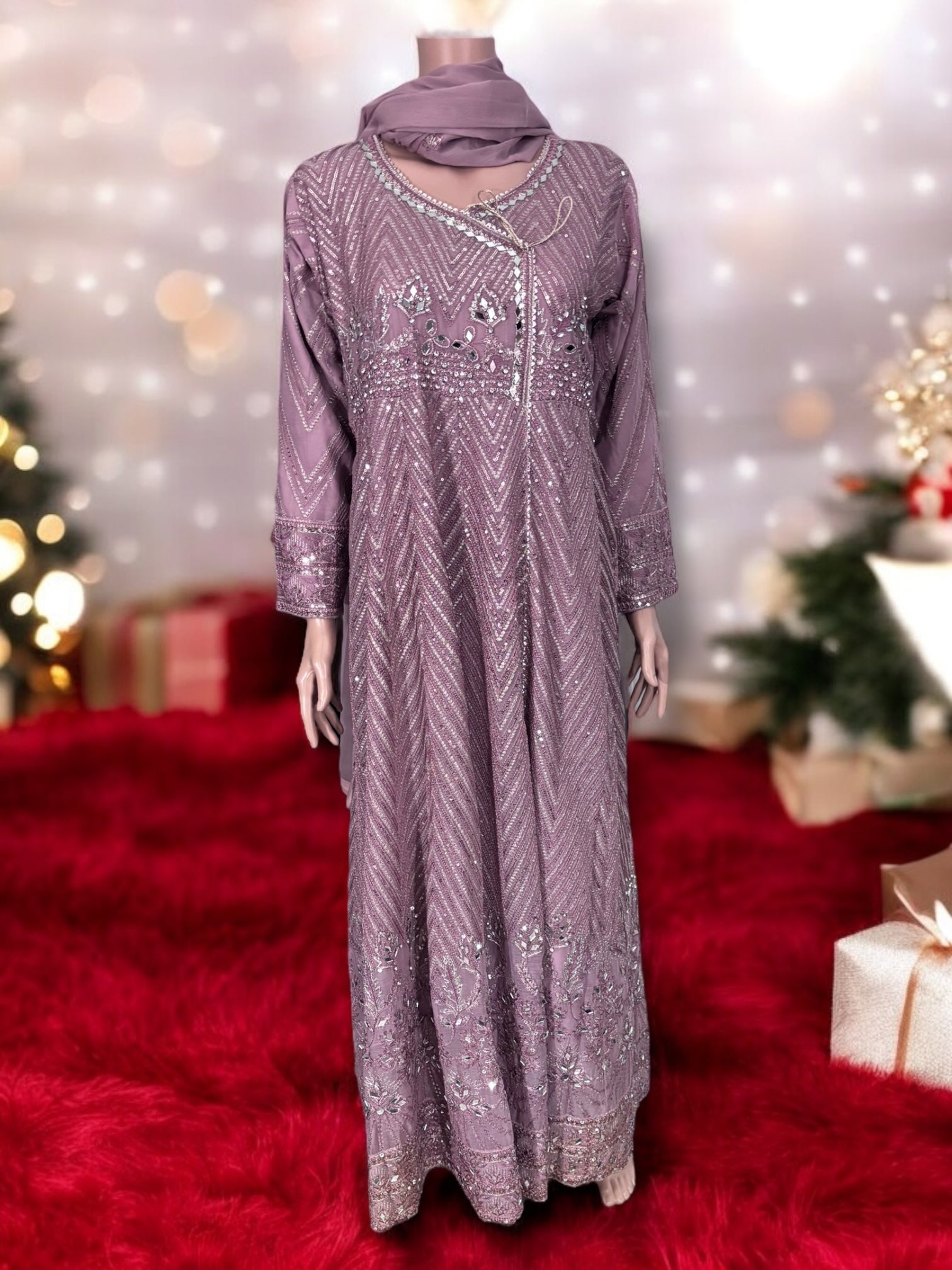 Traditional designer Gown set with pant and dupatta from Saree Ghor Charlotte, elegant ethnic wear for women.