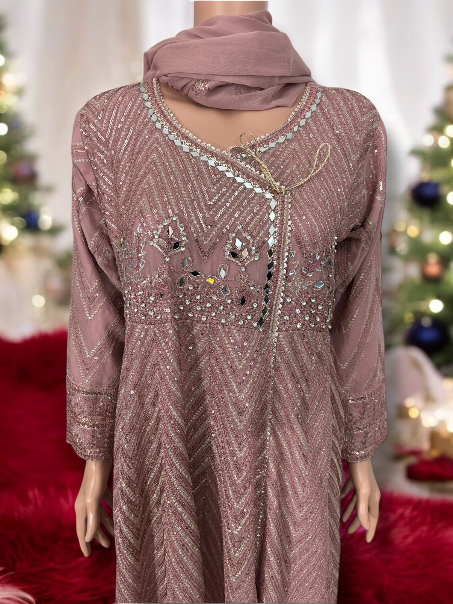 Traditional designer Gown set with pant and dupatta by Saree Ghor Charlotte, elegant ethnic wear for women.