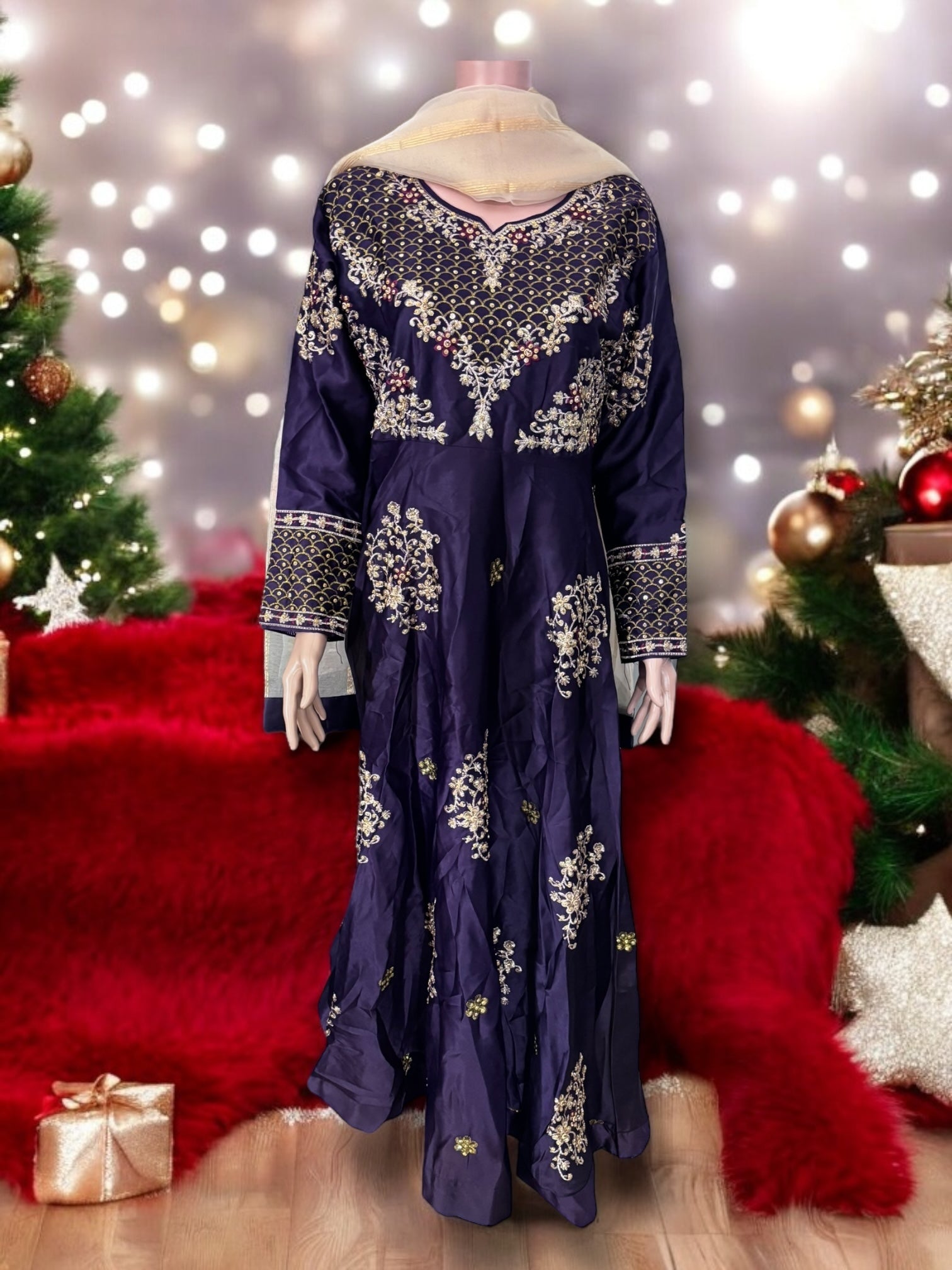 Traditional designer Salwar Kameez gown set with matching pant and dupatta, ethnic wear for women by Saree Ghor Charlotte.
