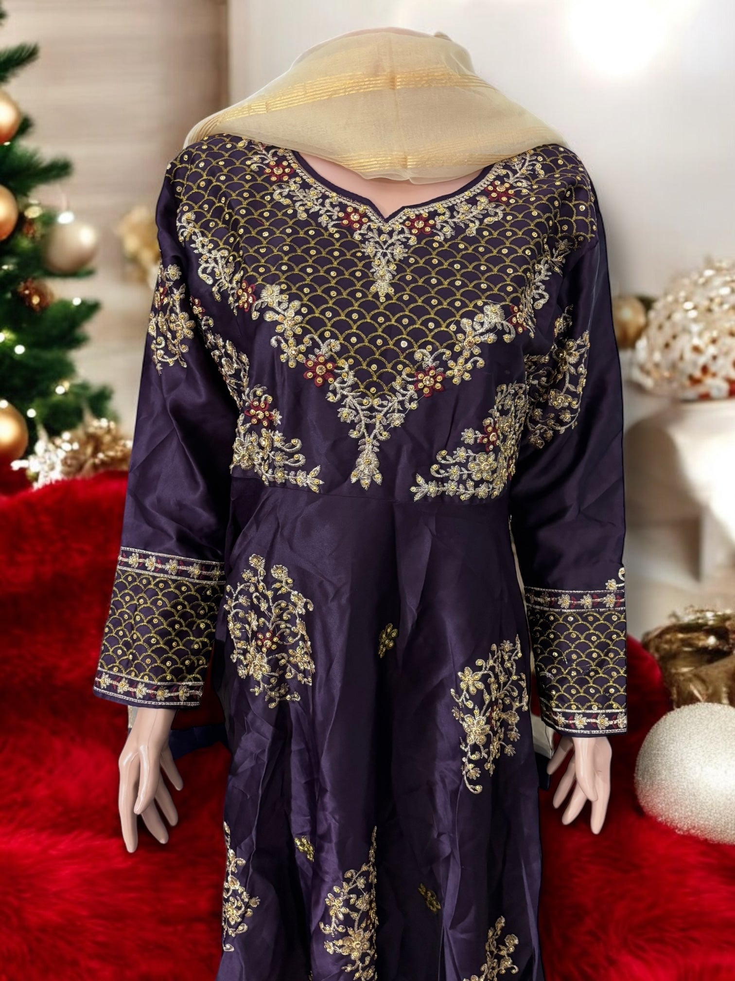 Traditional designer salwar kameez gown set with pants and dupatta by Saree Ghor Charlotte, ethnic wear for women.