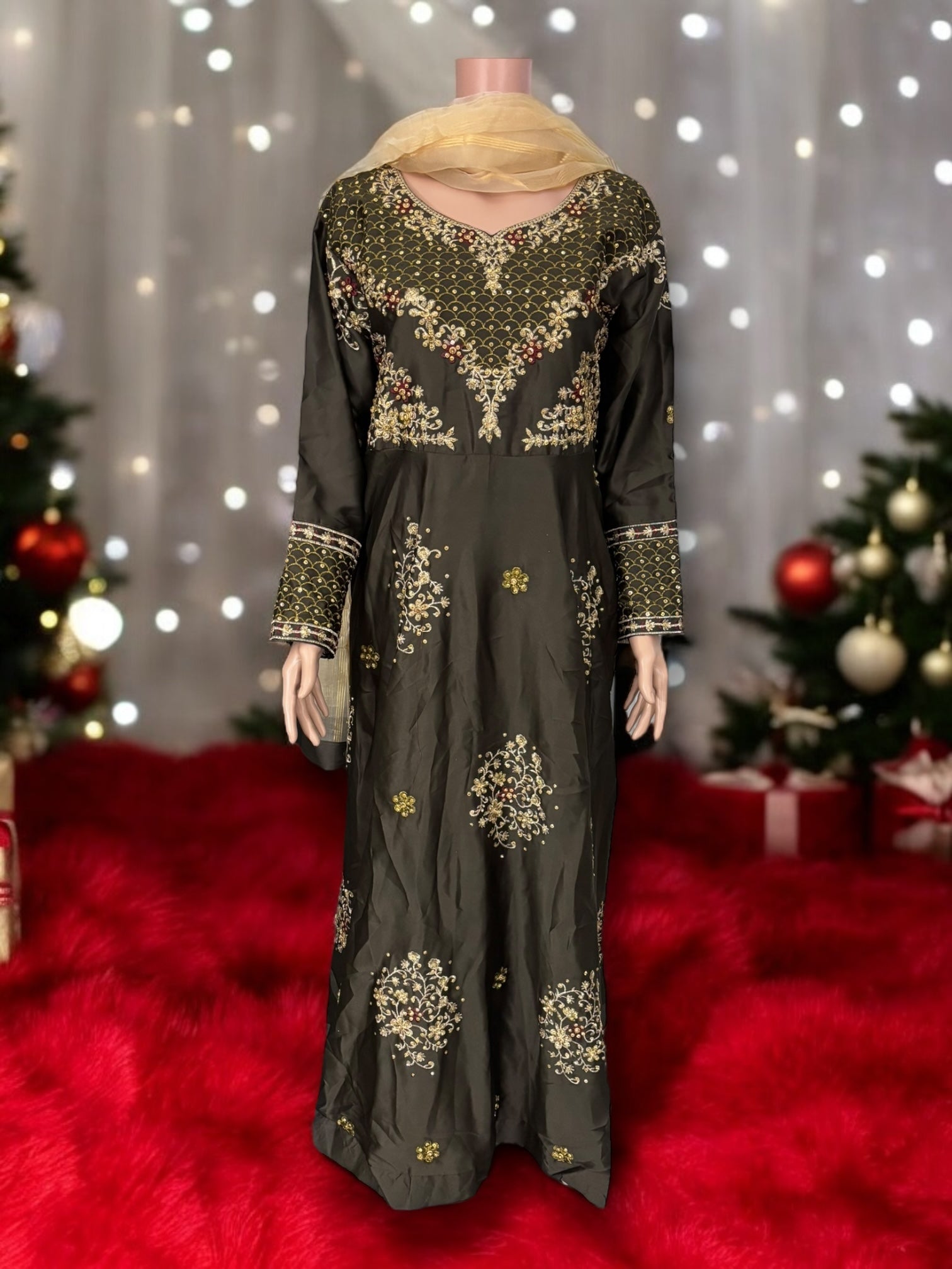 Traditional designer Salwar Kameez gown set with matching pant and dupatta by Saree Ghor Charlotte, elegant ethnic wear for women.