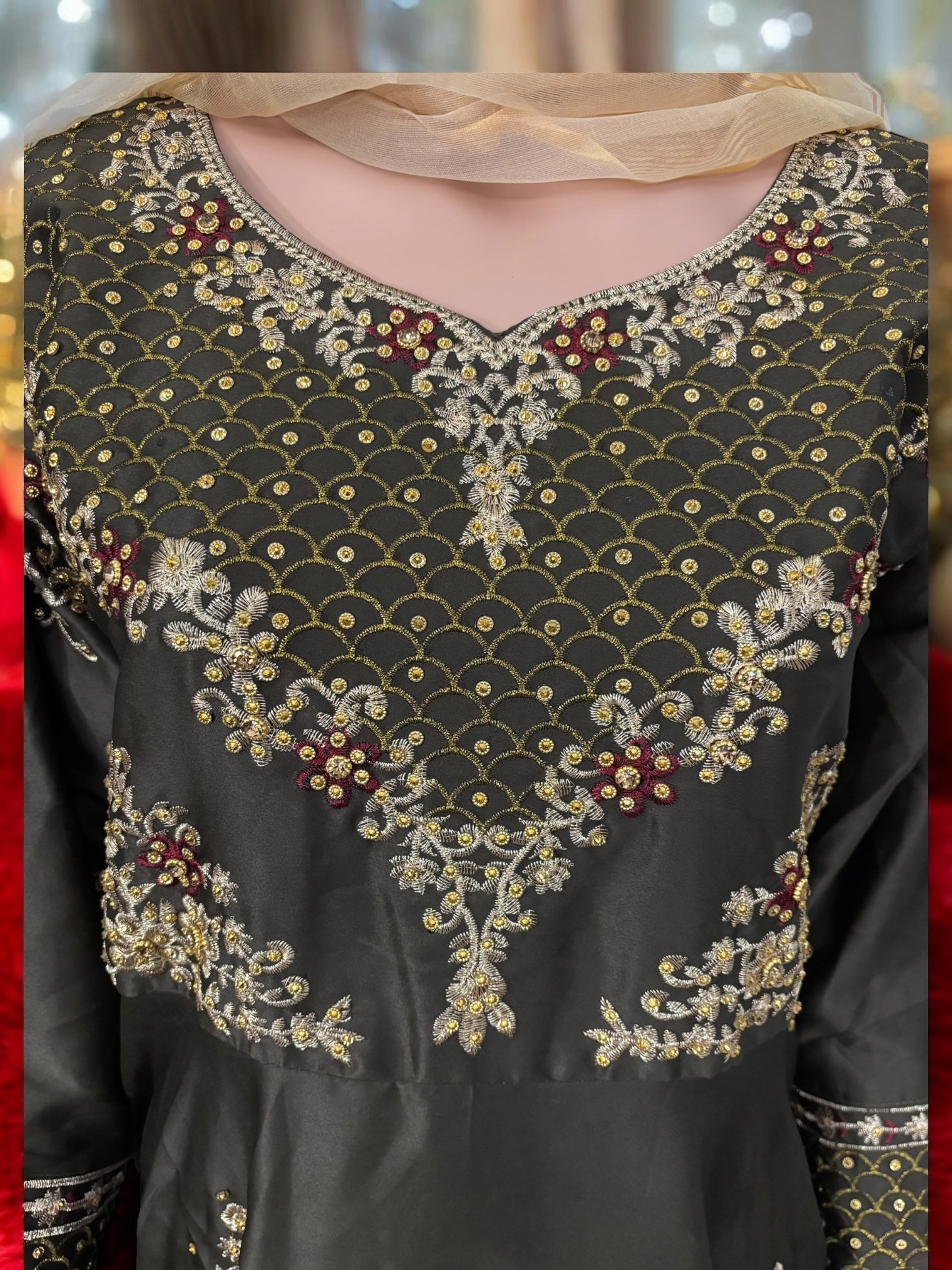 Traditional designer Salwar Kameez gown set with matching pants and dupatta by Saree Ghor Charlotte, ethnic wear for women.