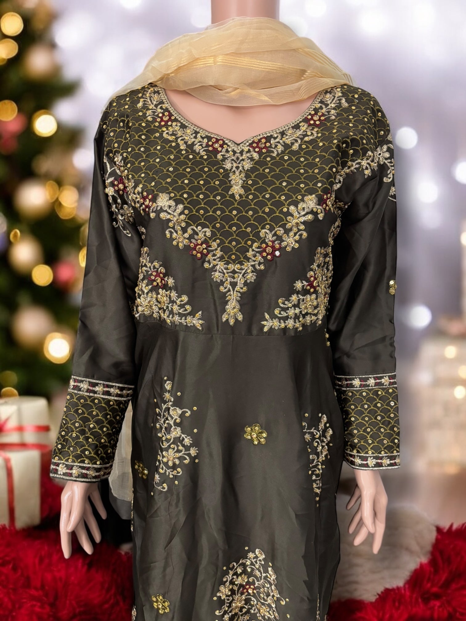 Traditional designer Salwar Kameez gown set with matching pant and dupatta by Saree Ghor Charlotte, elegant ethnic wear for women.