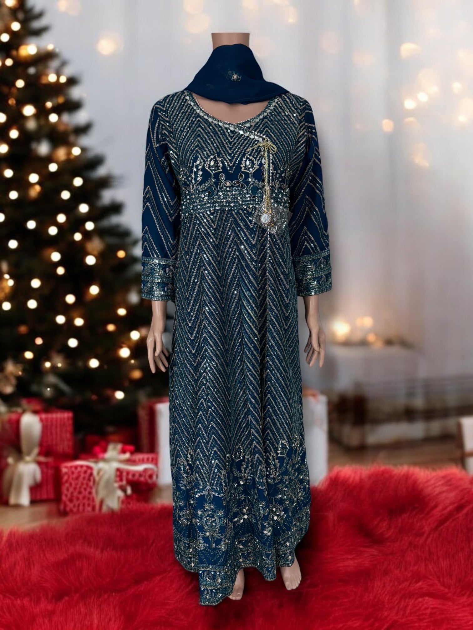 Traditional designer Gown set with pant and dupatta by Saree Ghor Charlotte, ethnic women's salwar kameez for cultural wear.