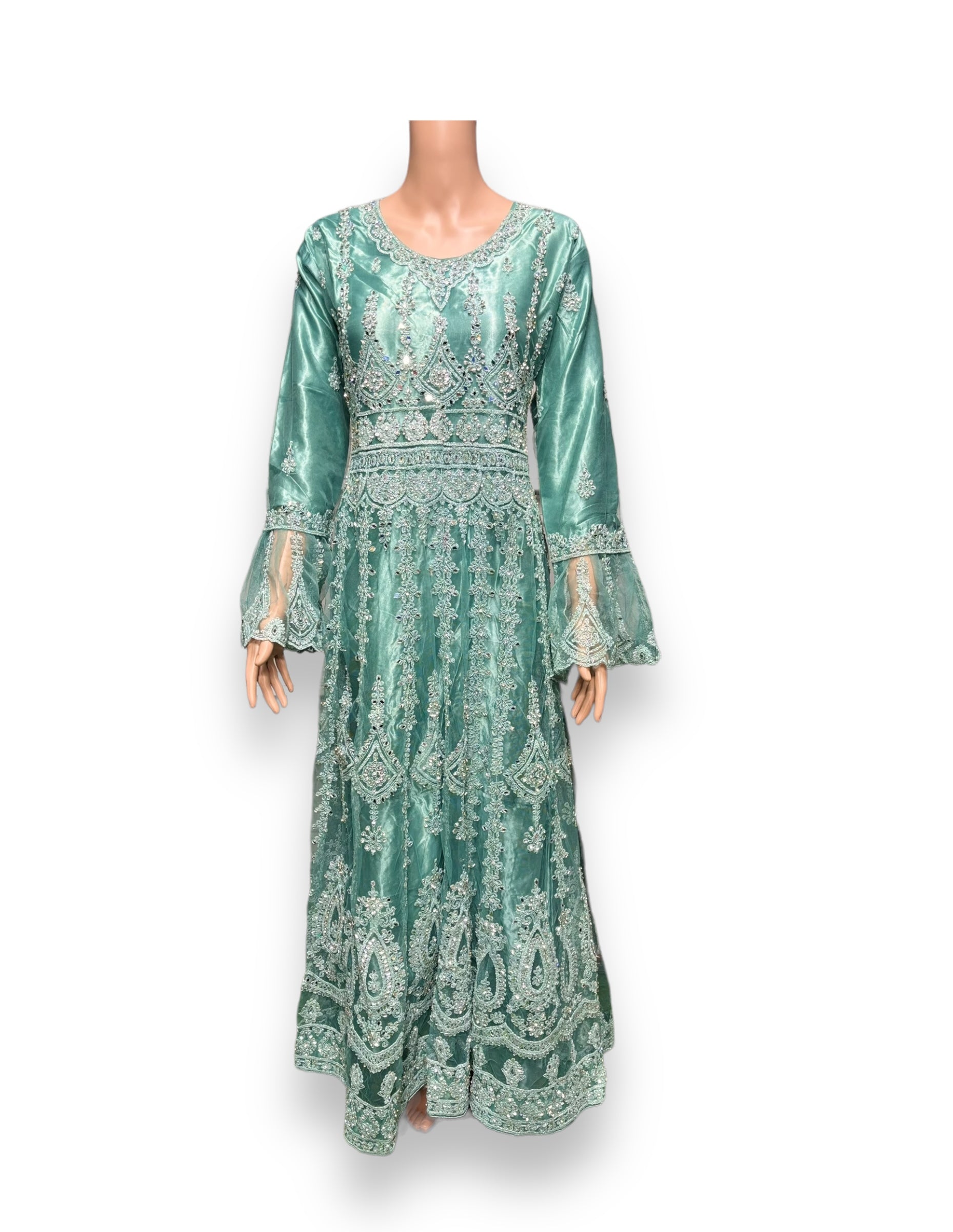 Traditional designer maxi gown salwar kameez for women by Saree Ghor Charlotte, featuring intricate ethnic embroidery and vibrant fabric.