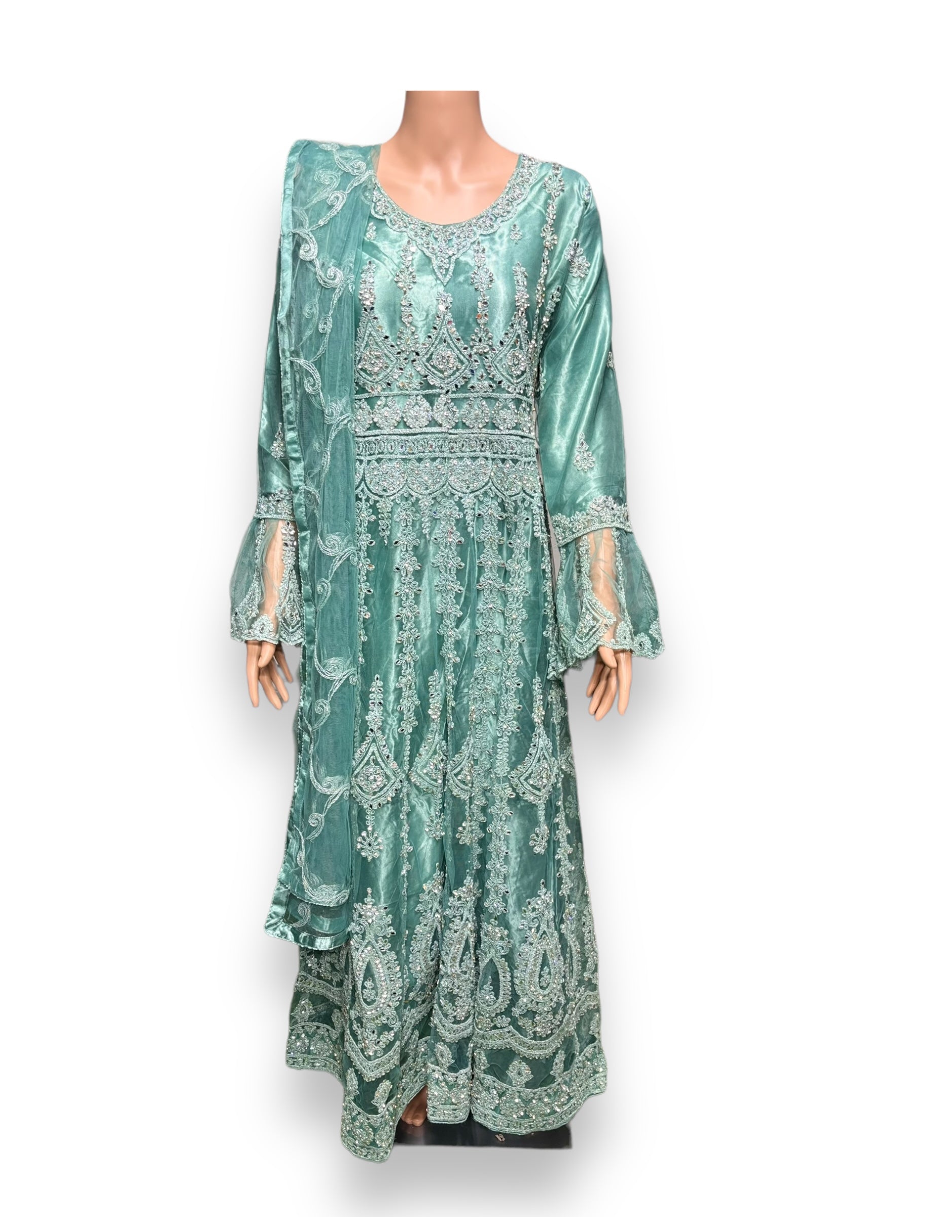 Traditional designer maxi gown salwar kameez for women by Saree Ghor Charlotte, featuring intricate ethnic embroidery and vibrant fabric.