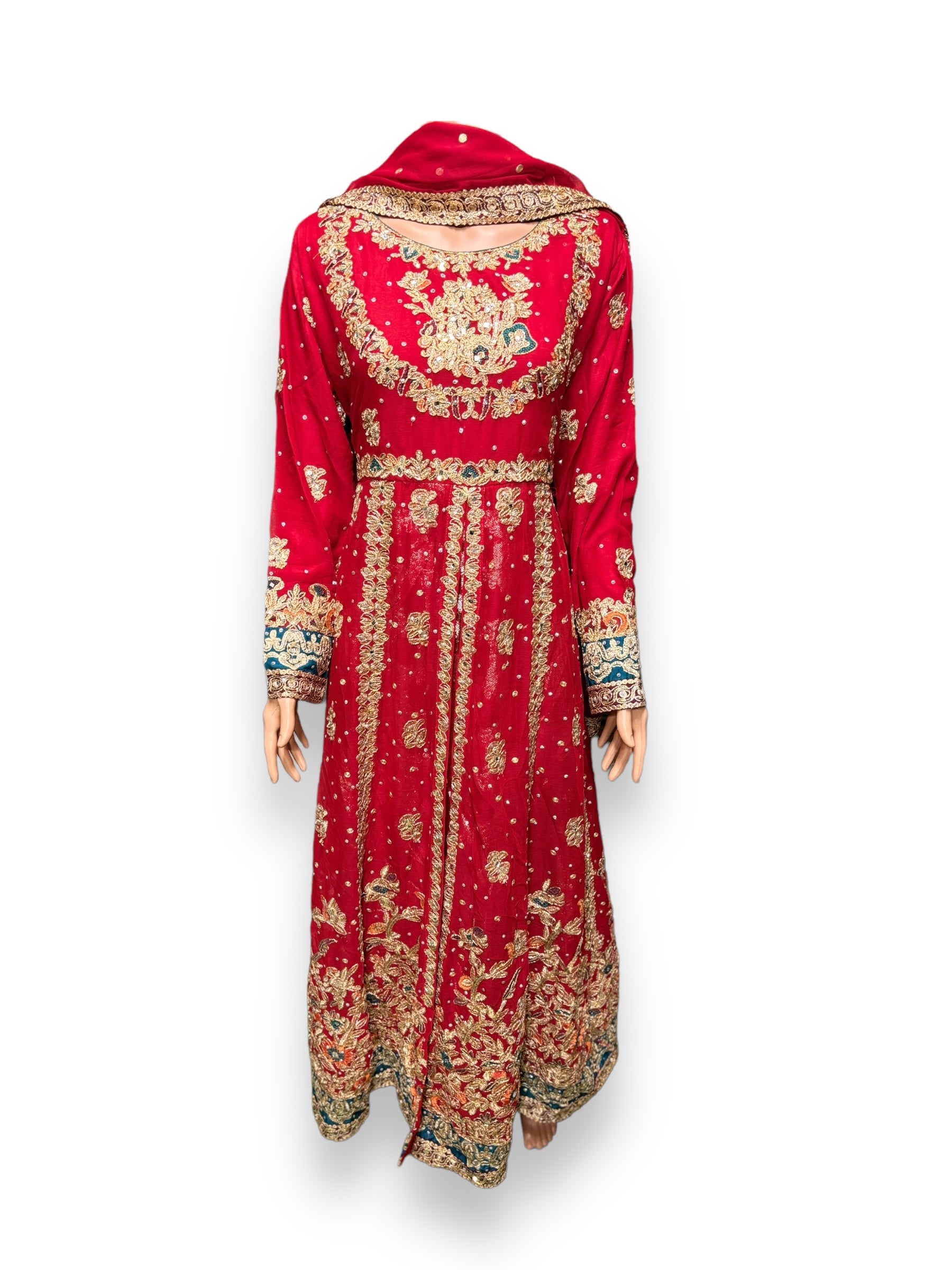Traditional designer maxi gown by Saree Ghor Charlotte, ethnic women’s salwar kameez with intricate embroidery and vibrant fabric.