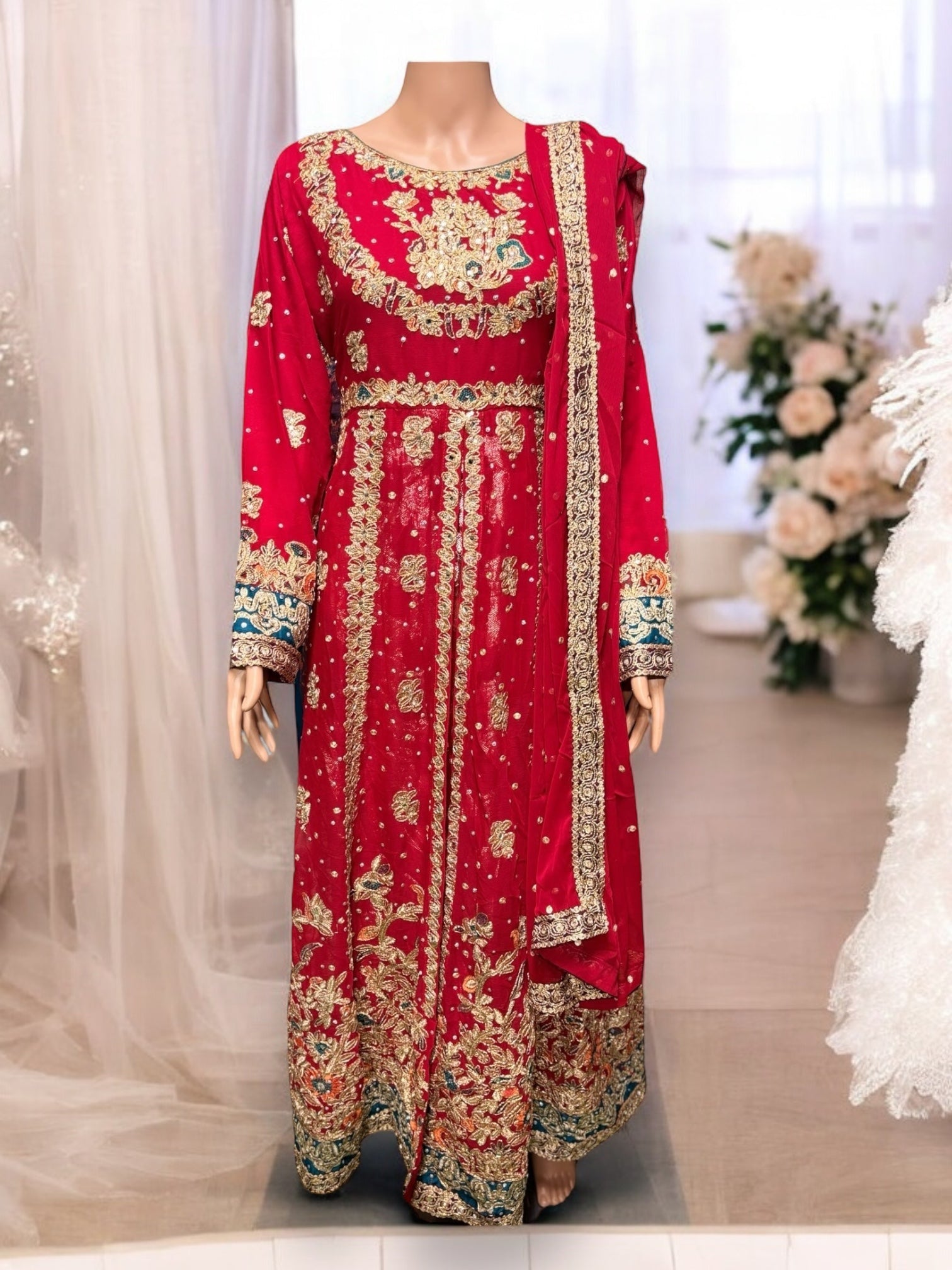 Traditional designer maxi gown by Saree Ghor Charlotte, ethnic salwar kameez for women with intricate patterns and flowing fabric.