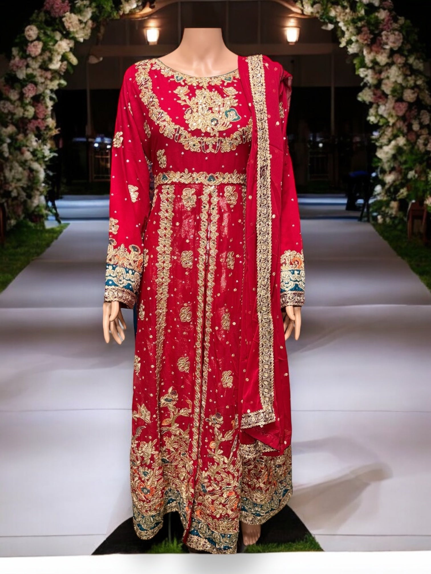 Traditional designer maxi gown for women, Saree Ghor Charlotte salwar kameez with intricate ethnic embroidery and elegant fabric.