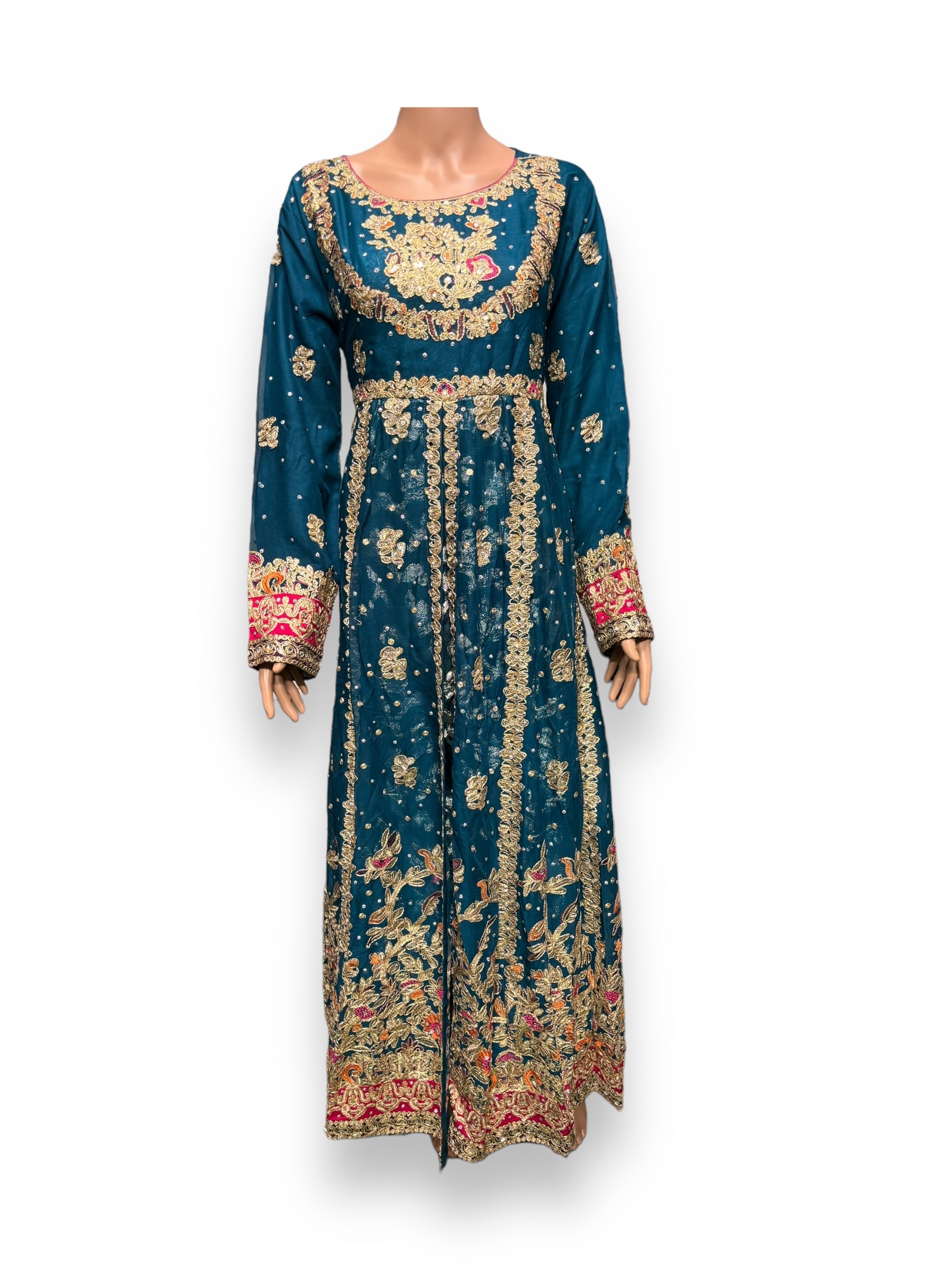 Traditional designer maxi gown by Saree Ghor Charlotte, ethnic salwar kameez for women with intricate patterns and vibrant colors.