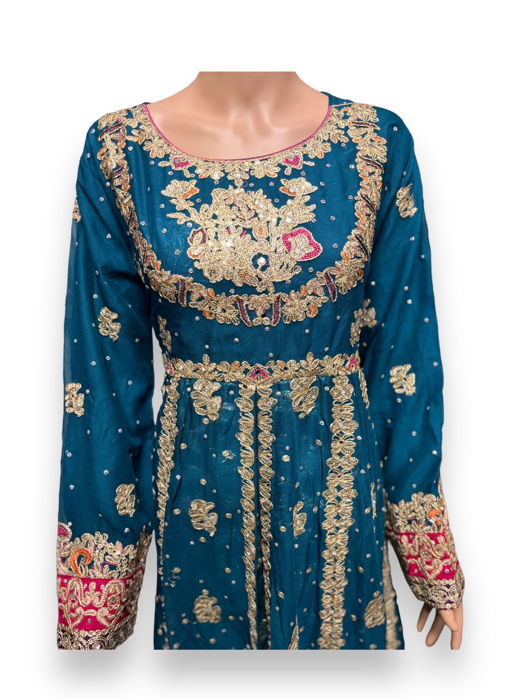 Traditional designer maxi gown by Saree Ghor Charlotte, showcasing intricate ethnic print and elegant cultural wear for women.