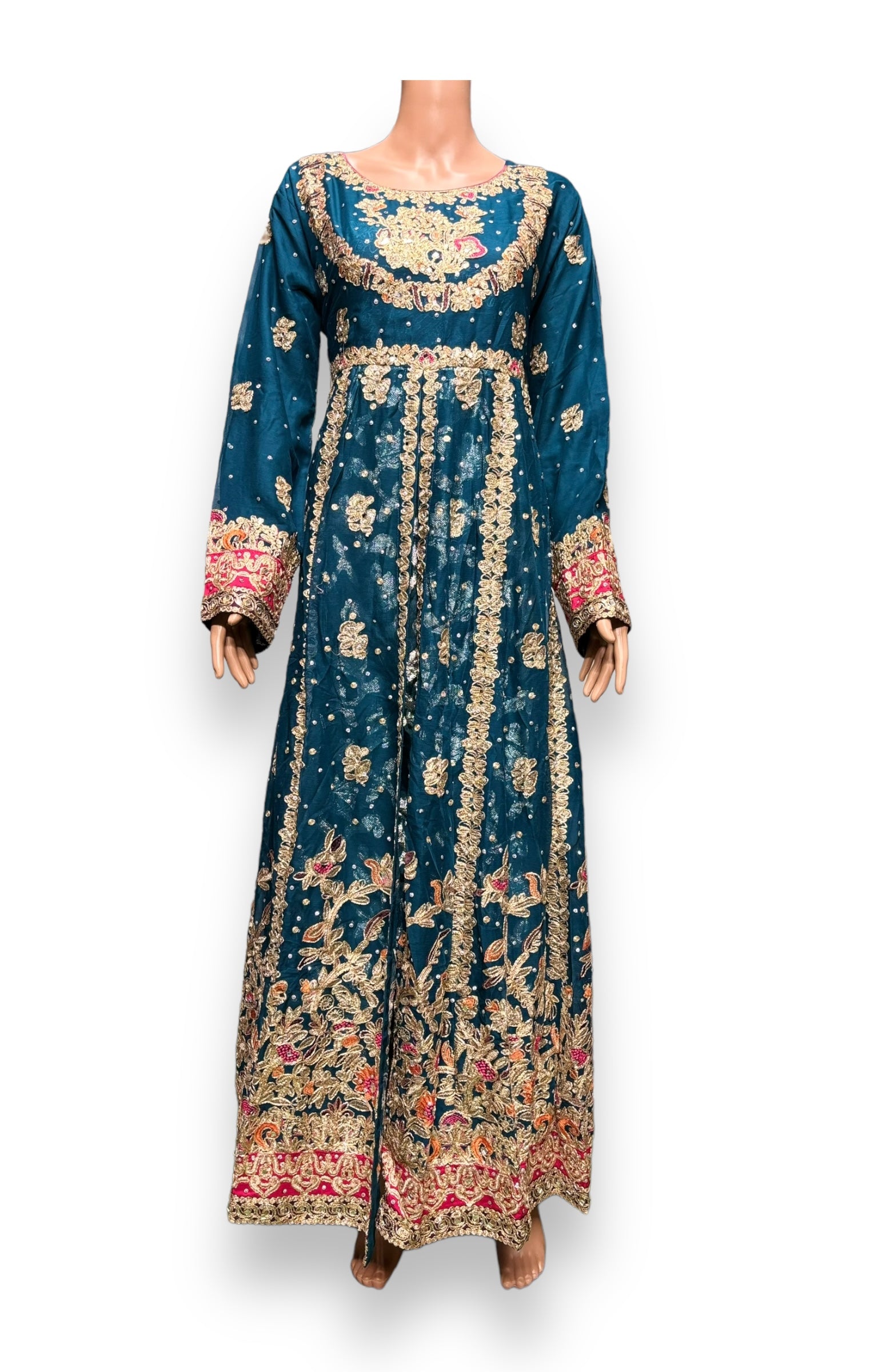 Traditional designer maxi gown salwar kameez for women by Saree Ghor Charlotte, showcasing intricate ethnic embroidery and vibrant fabric.