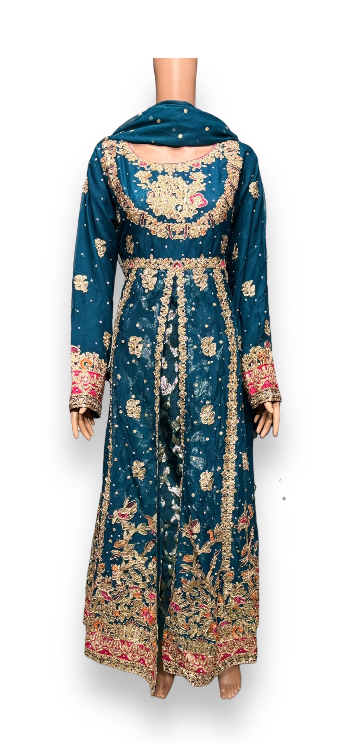 Traditional designer maxi gown by Saree Ghor Charlotte, ethnic salwar kameez for women with intricate patterns and vibrant colors.