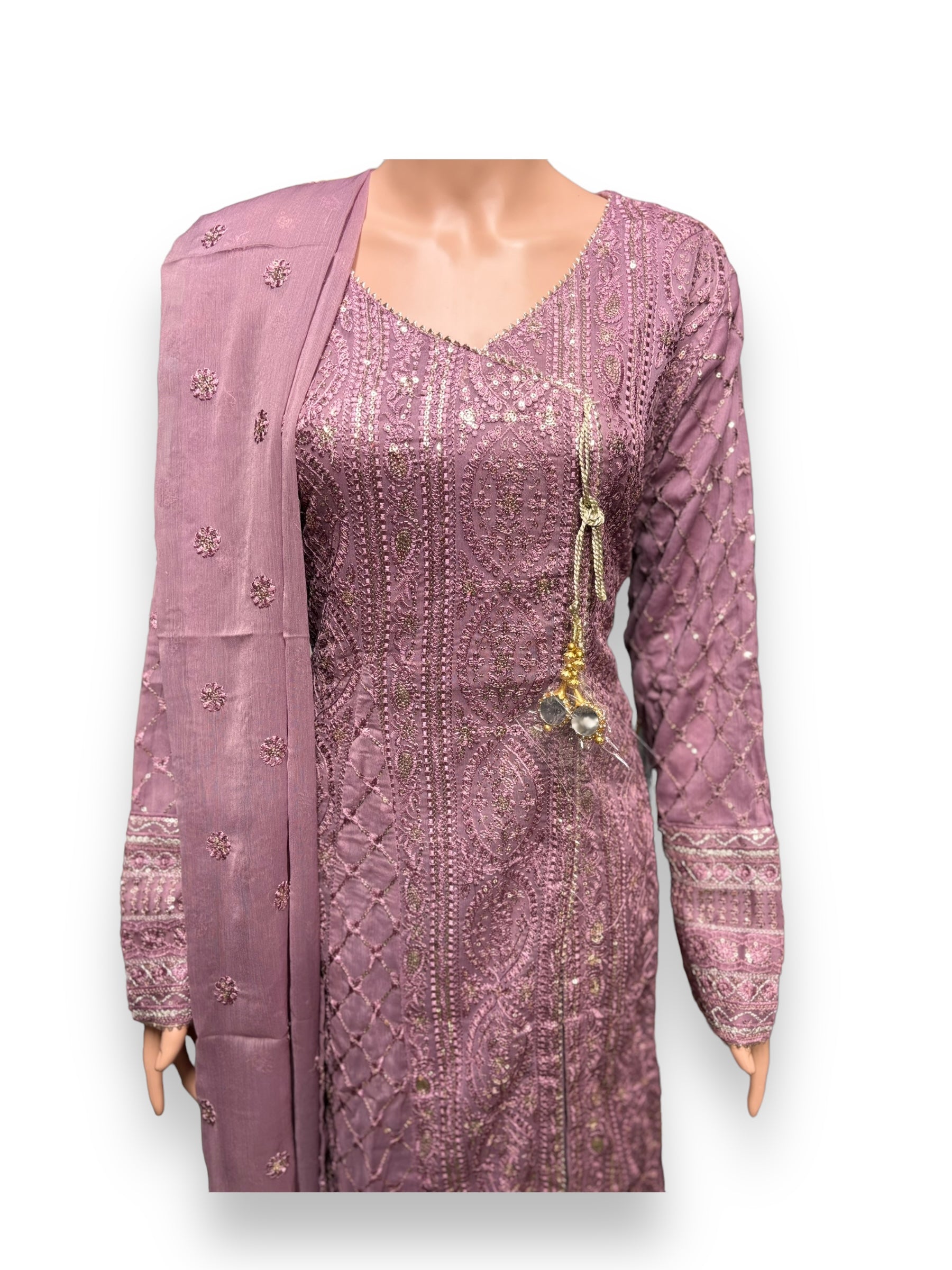 Traditional designer Salwar Kameez set by Saree Ghor Charlotte, featuring intricate embroidery and vibrant ethnic wear for women.