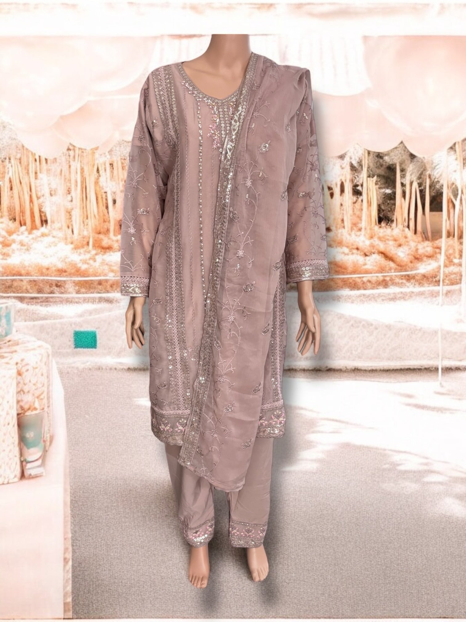 Traditional designer Salwar Kameez set by Saree Ghor Charlotte, featuring intricate embroidery and vibrant cultural ethnic wear for women.