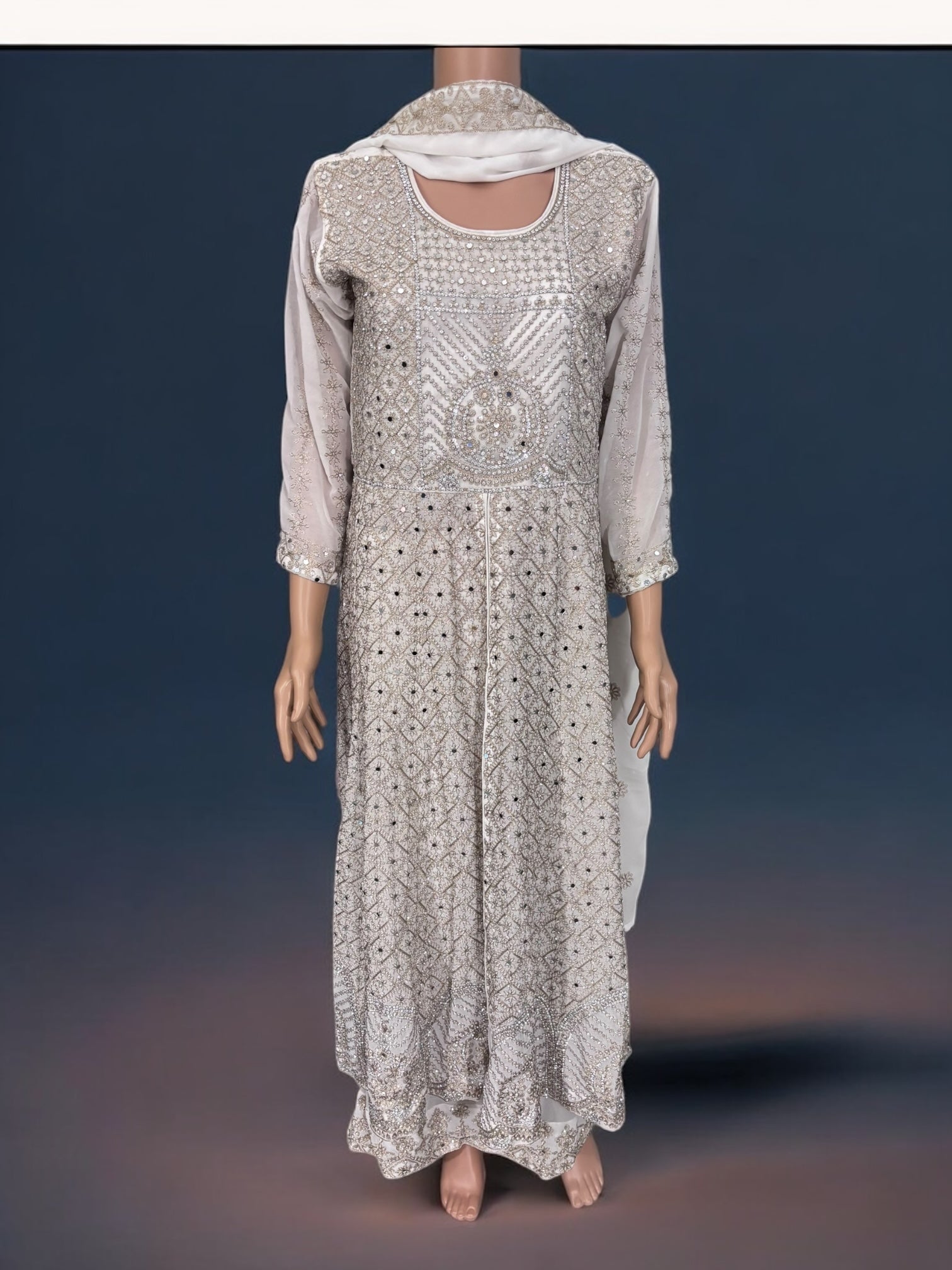 Traditional designer Salwar Kameez suit with 2 layers, ethnic wear for women by Saree Ghor Charlotte, featuring intricate patterns and vibrant fabric.