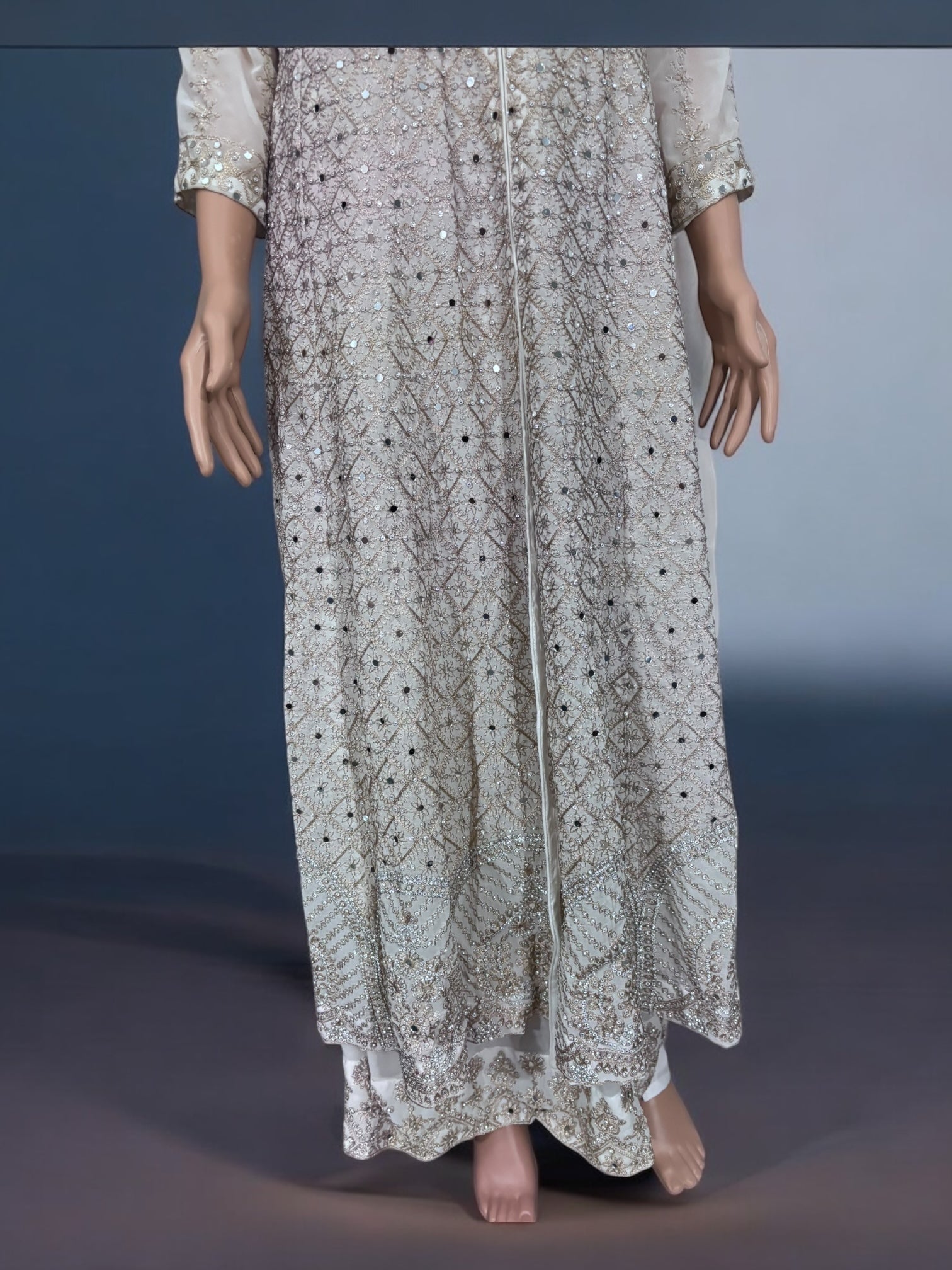 Traditional Saree Ghor Charlotte Salwar Kameez suit with two layers, ethnic cultural wear for women, showcasing intricate design details.
