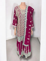 Traditional designer Sharara Garara Salwar Kameez suit by Saree Ghor Charlotte, featuring ethnic wear with intricate patterns.
