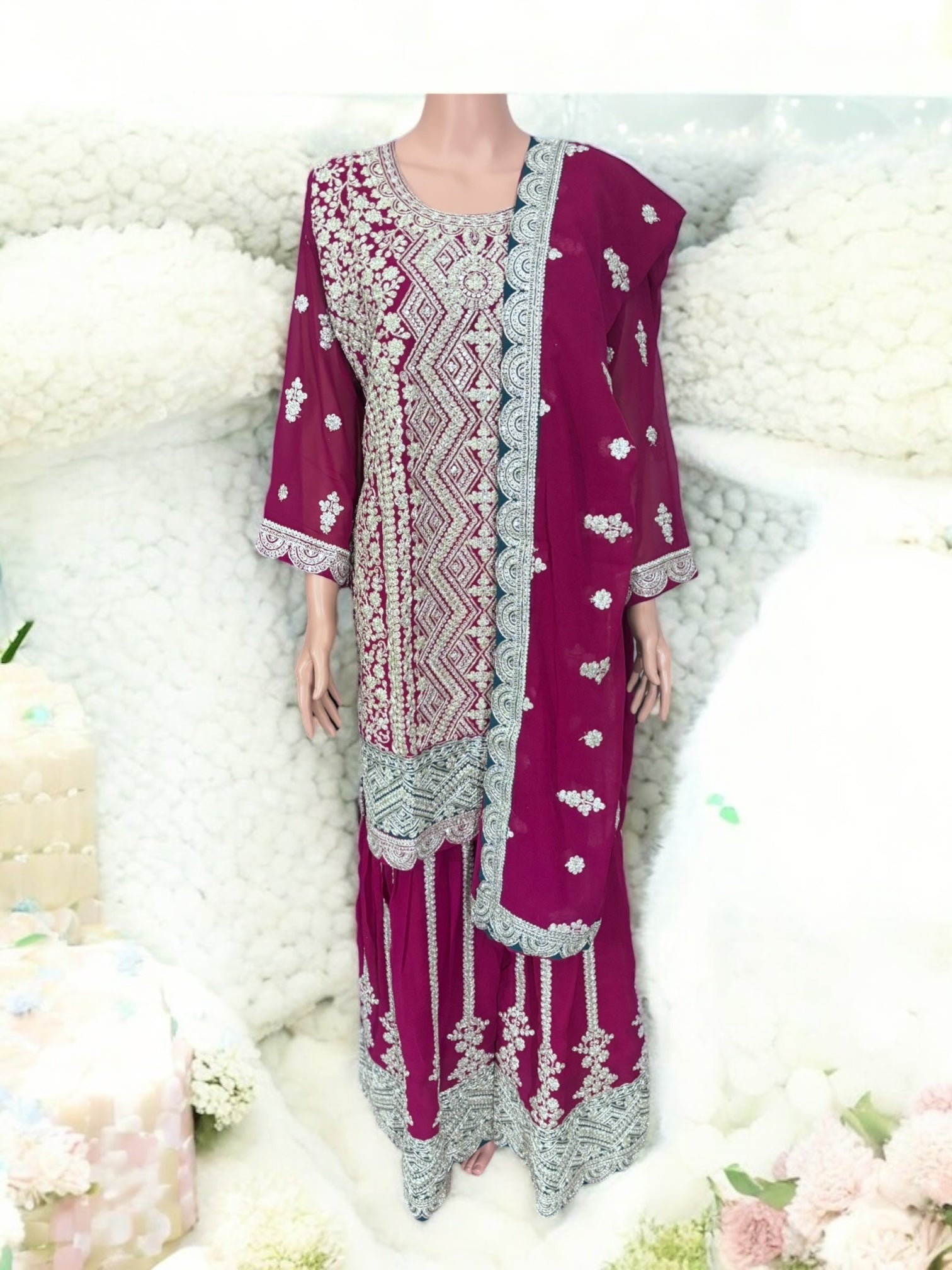 Traditional Saree Ghor Charlotte Salwar Kameez suit with intricate designs, showcasing ethnic wear style and vibrant colors.