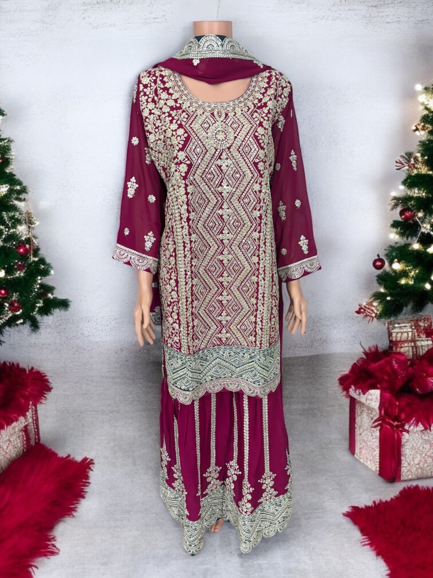 Traditional Designer Sharara Garara Salwar Kameez Suit by Saree Ghor Charlotte, ethnic wear with intricate embroidery and vibrant colors.