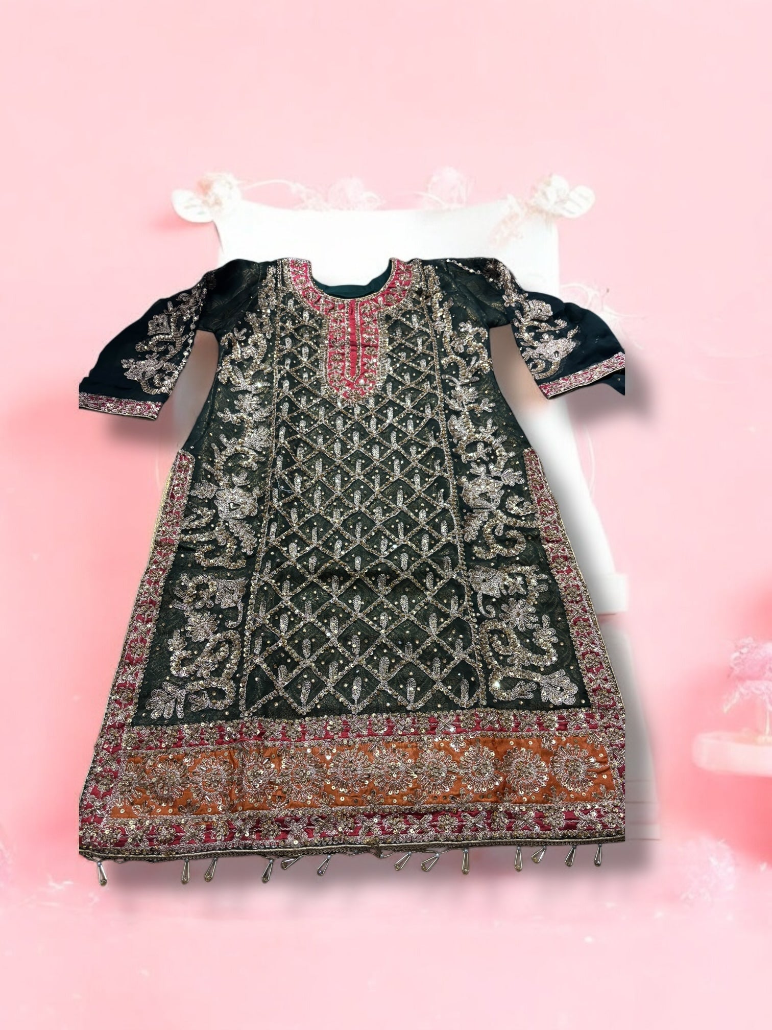 Traditional designer Sharara Salwar Kameez set by Saree Ghor Charlotte, featuring intricate ethnic wear for women.