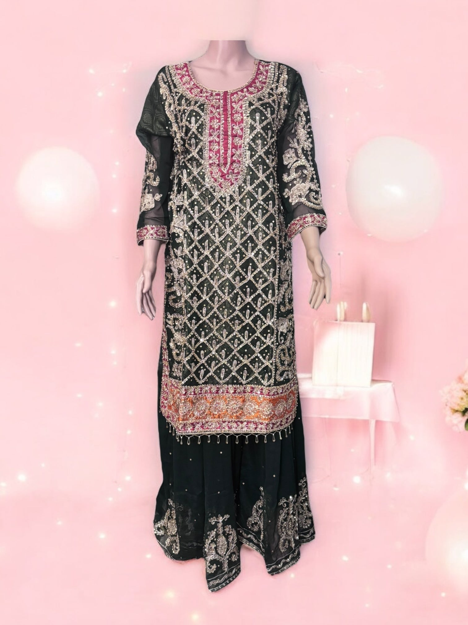 Traditional designer Sharara Salwar Kameez set by Saree Ghor Charlotte, ethnic wear for women, featuring intricate embroidery and vibrant colors.