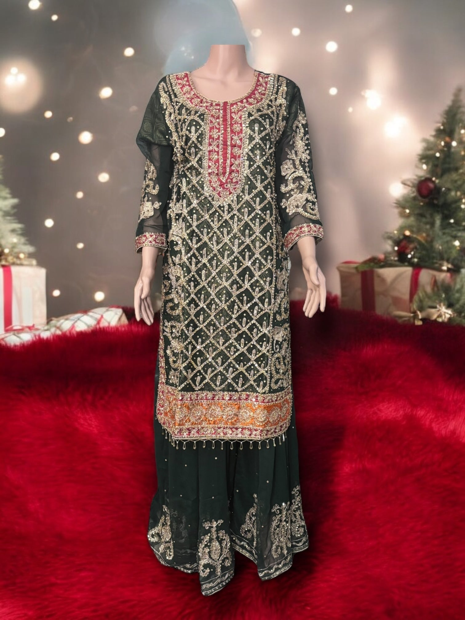 Traditional designer Sharara Salwar Kameez set by Saree Ghor Charlotte, featuring intricate ethnic embroidery for women.