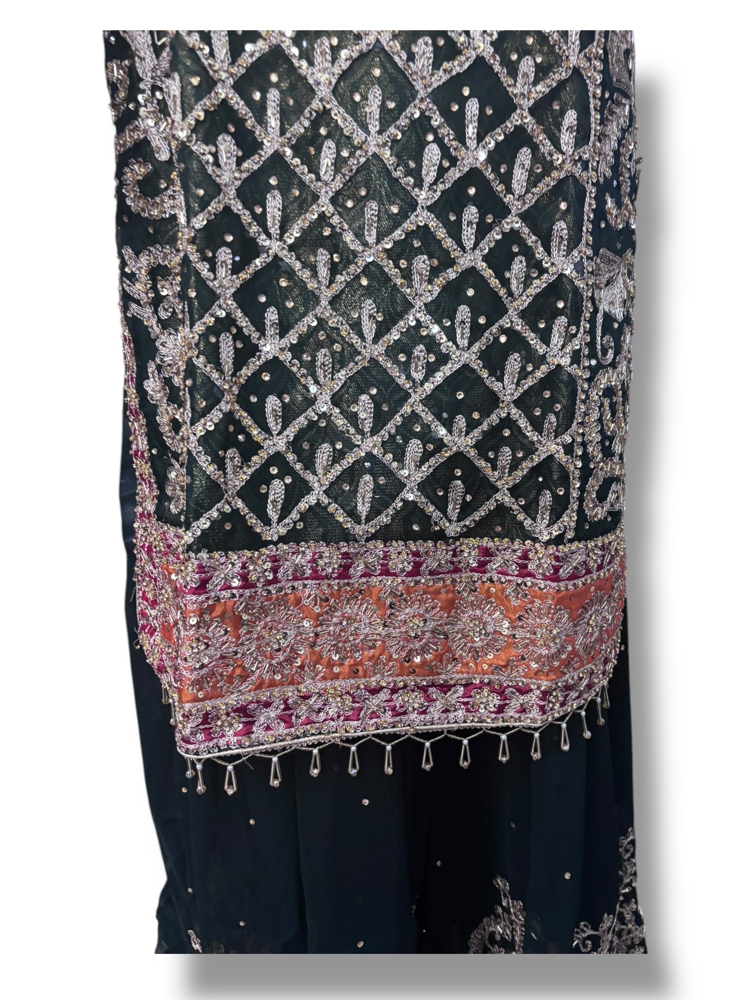 Traditional designer Sharara Salwar Kameez set from Saree Ghor Charlotte, featuring intricate ethnic wear for women.