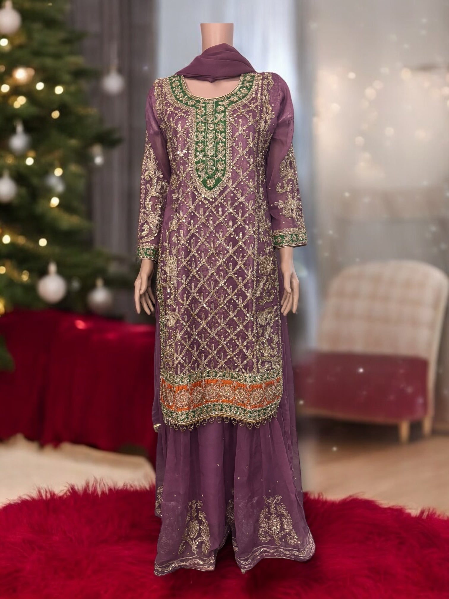 Traditional designer Sharara Salwar Kameez set by Saree Ghor Charlotte, elegant ethnic wear for women, featuring intricate embroidery.