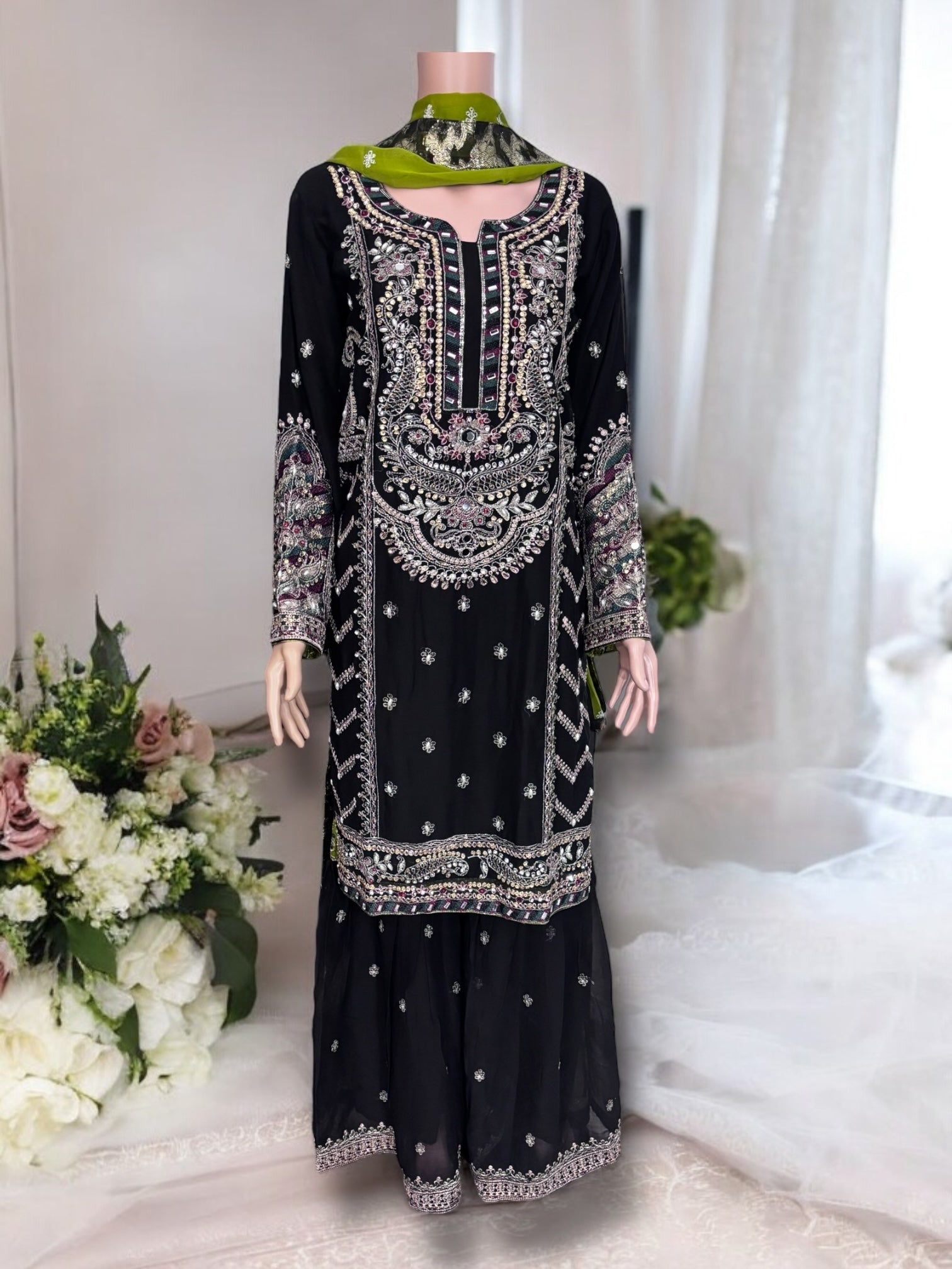 Traditional designer Sharara Salwar Kameez set by Saree Ghor Charlotte, elegant ethnic wear for women with intricate detailing.