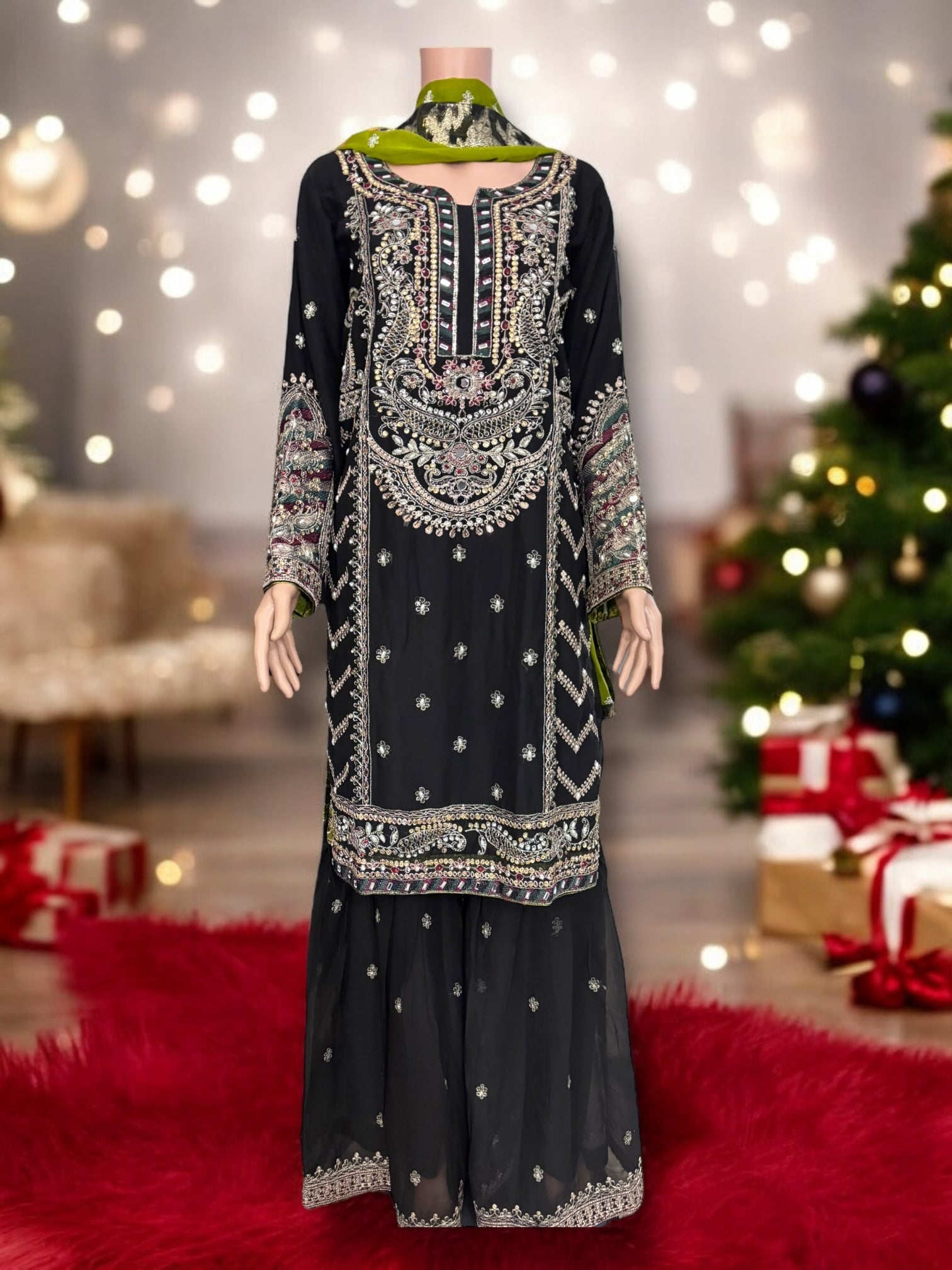 Traditional Designer Sharara Salwar Kameez Set by Saree Ghor Charlotte, elegant ethnic wear for women with intricate details.