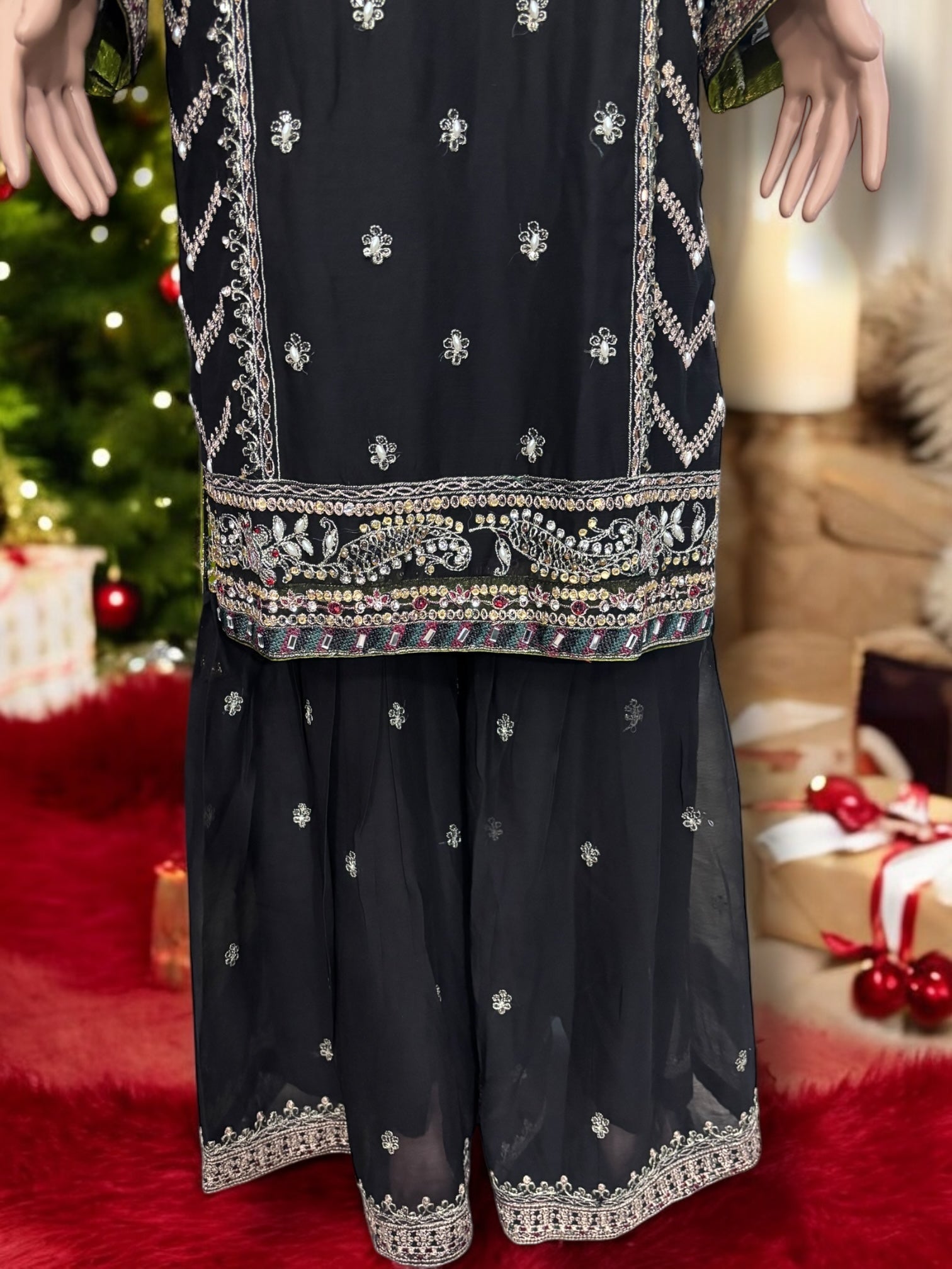Traditional designer Sharara Salwar Kameez set by Saree Ghor Charlotte, elegant ethnic wear for women with intricate detailing.