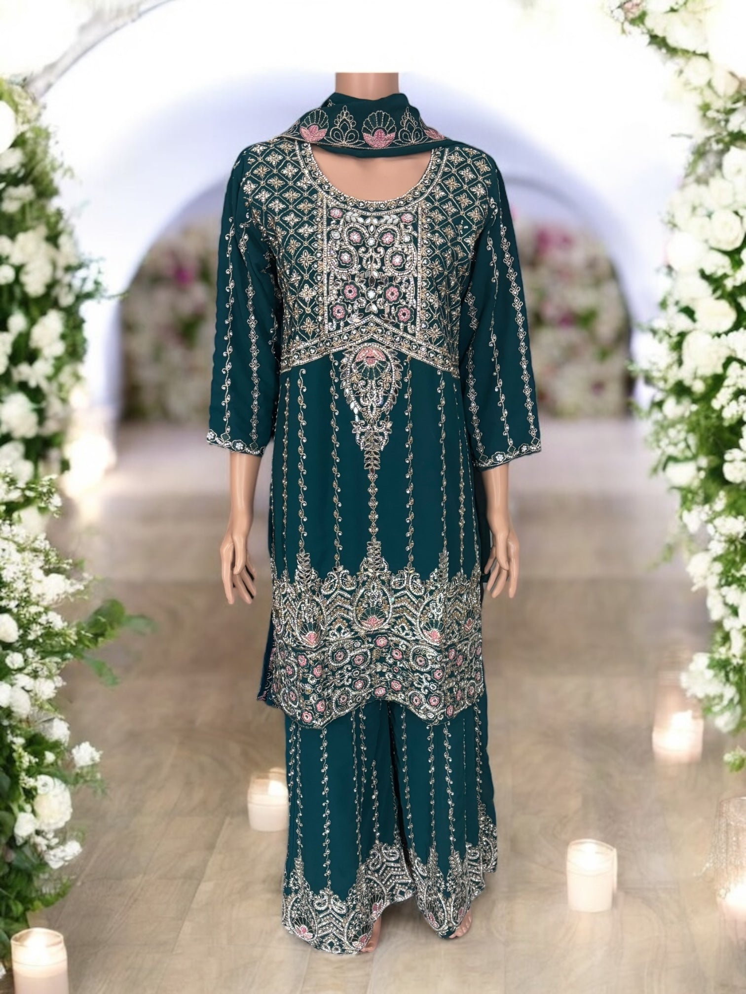 Traditional Saree Ghor Charlotte Salwar Kameez suit with intricate embroidery, showcasing cultural ethnic wear and stylish design.