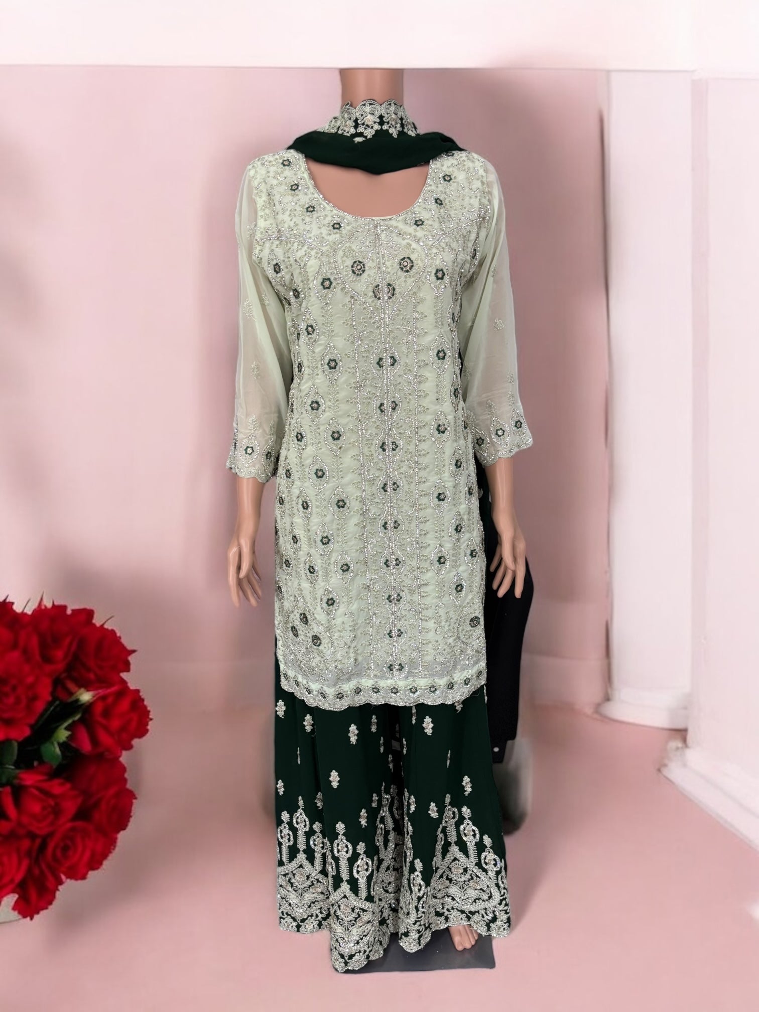 Traditional designer Sharara Salwar Kameez suit by Saree Ghor Charlotte with intricate ethnic embroidery for women.