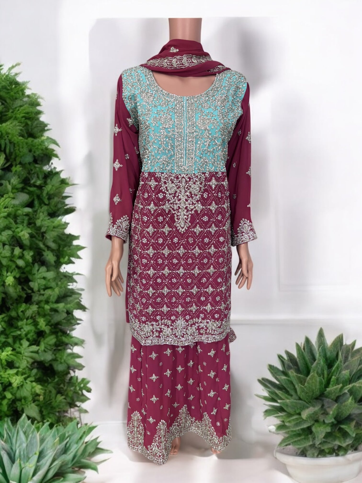 Traditional designer Sharara Salwar Kameez suit in lehenga style by Saree Ghor Charlotte, featuring intricate ethnic embroidery for women.