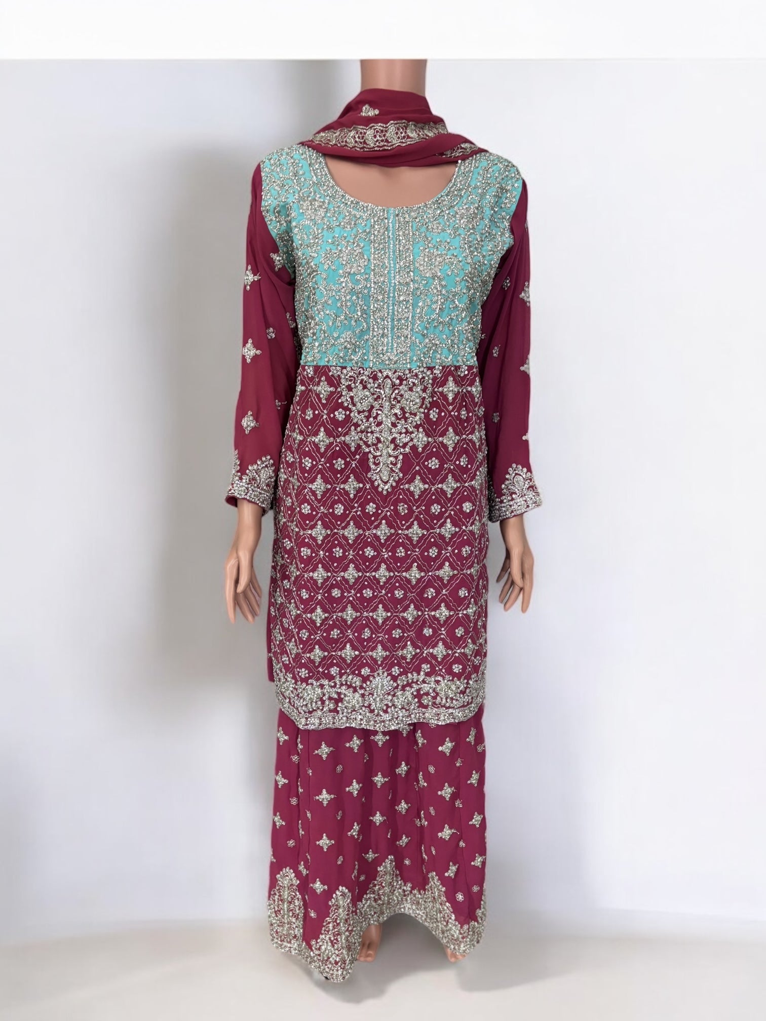 Traditional designer Sharara Salwar Kameez suit in Lehenga style by Saree Ghor Charlotte, featuring intricate ethnic embroidery for women.