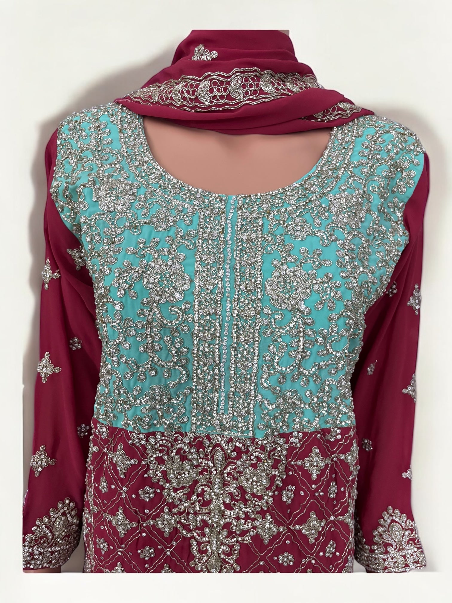 Traditional designer Sharara Salwar Kameez suit in Lehenga style by Saree Ghor Charlotte, featuring intricate ethnic embroidery for women.