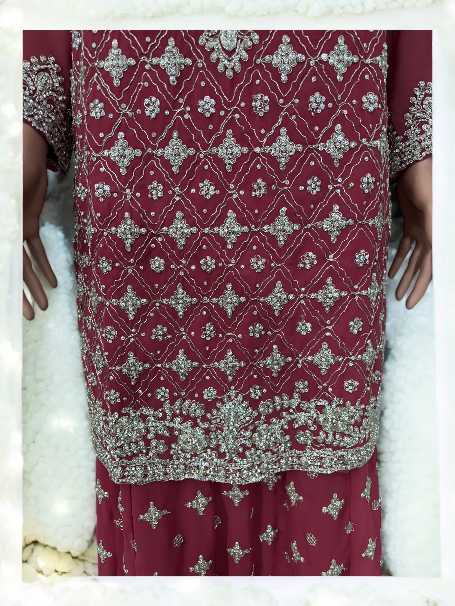 Traditional designer Sharara Salwar Kameez suit in Lehenga style by Saree Ghor Charlotte, featuring intricate ethnic embroidery for women.