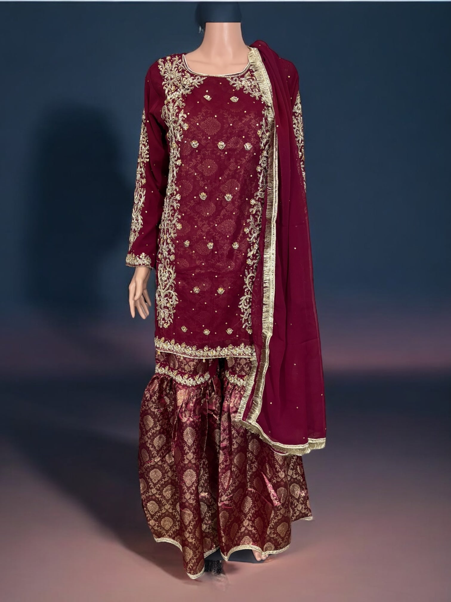 Traditional Garara designer Salwar Kameez suit by Saree Ghor Charlotte, featuring ethnic wear for women with intricate embroidery and vibrant colors.