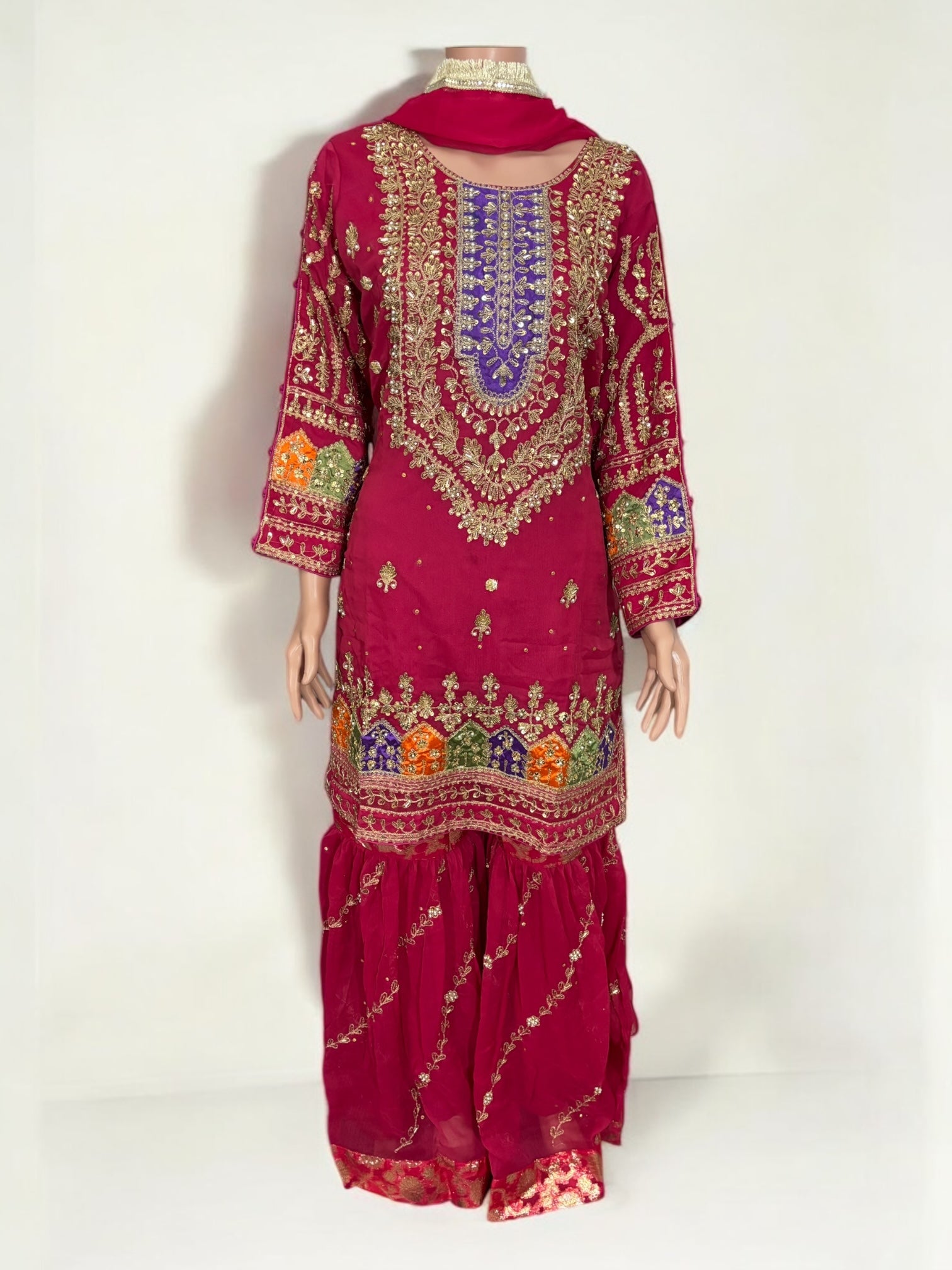 Traditional Garara designer Salwar Kameez suit by Saree Ghor Charlotte, showcasing intricate ethnic embroidery and vibrant fabric details.