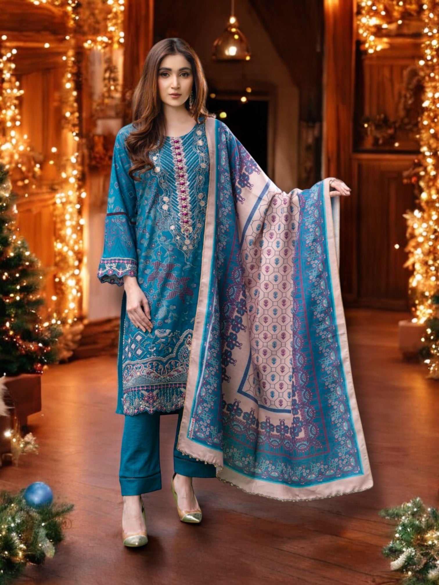 Traditional Pakistani Salwar Kameez by Saree Ghor Charlotte, vibrant ethnic wear for women with intricate embroidery and colorful fabric.