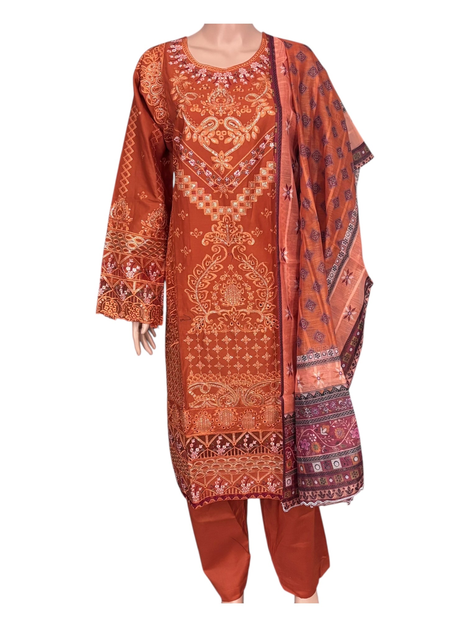 Traditional Pakistani Salwar Kameez by Saree Ghor Charlotte, showcasing vibrant ethnic wear with intricate patterns for women.