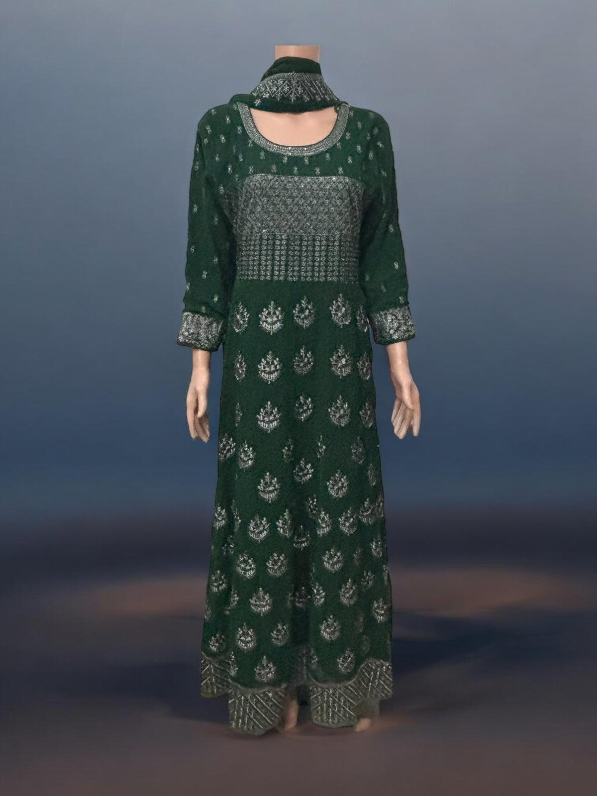Traditional party wear gown by Saree Ghor Charlotte, ethnic salwar kameez for women with intricate embroidery and vibrant fabric.